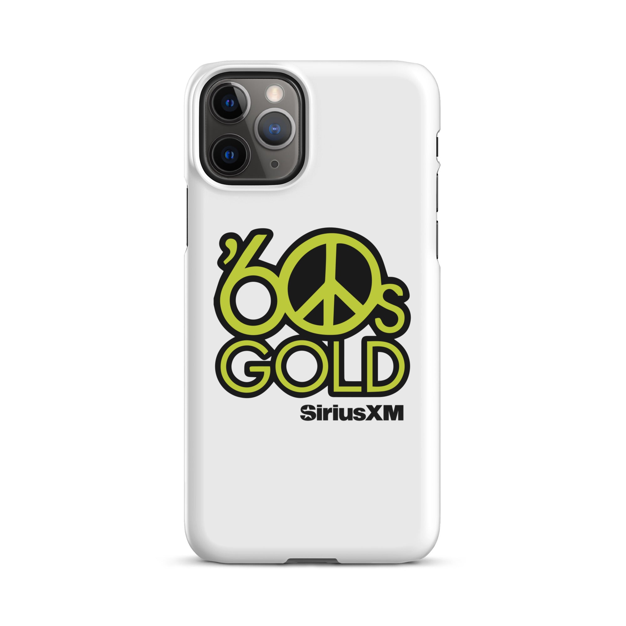 White phone case featuring '60s Gold' logo and peace sign in green, with 'SiriusXM' branding.