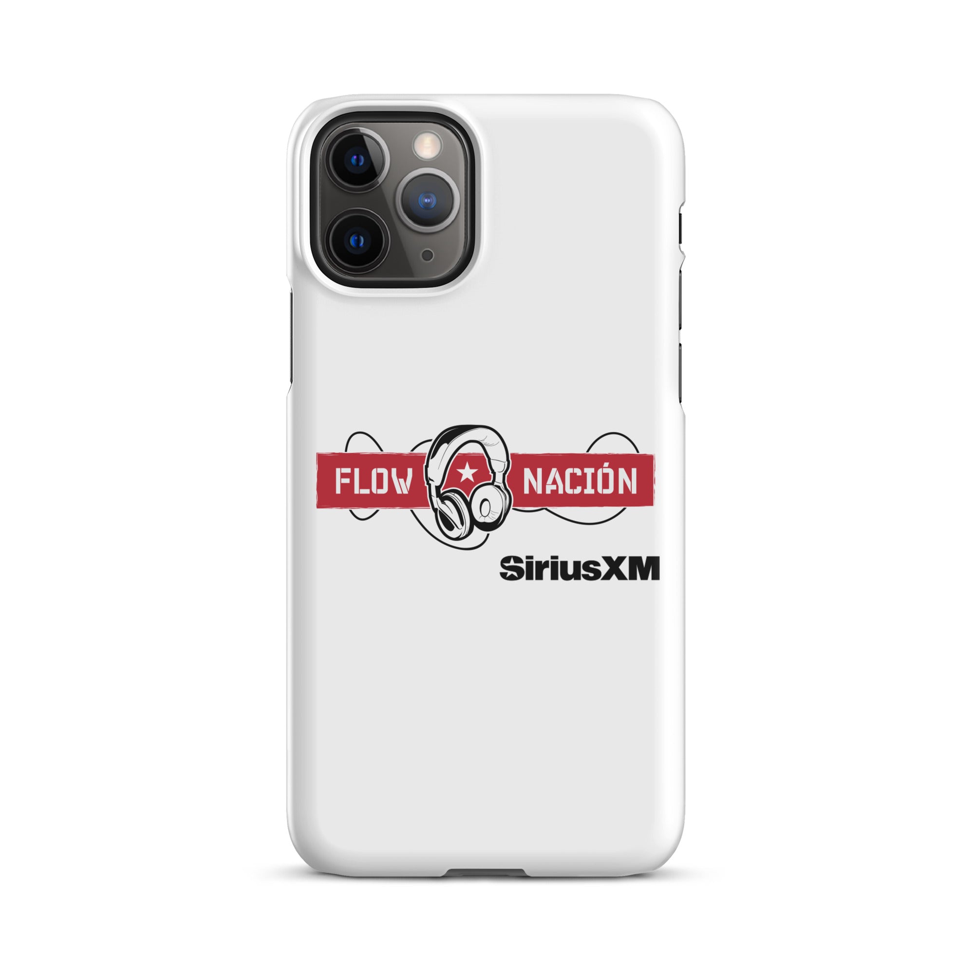 White phone case featuring 'FLOW NACION' with headphones logo and 'SiriusXM' branding.