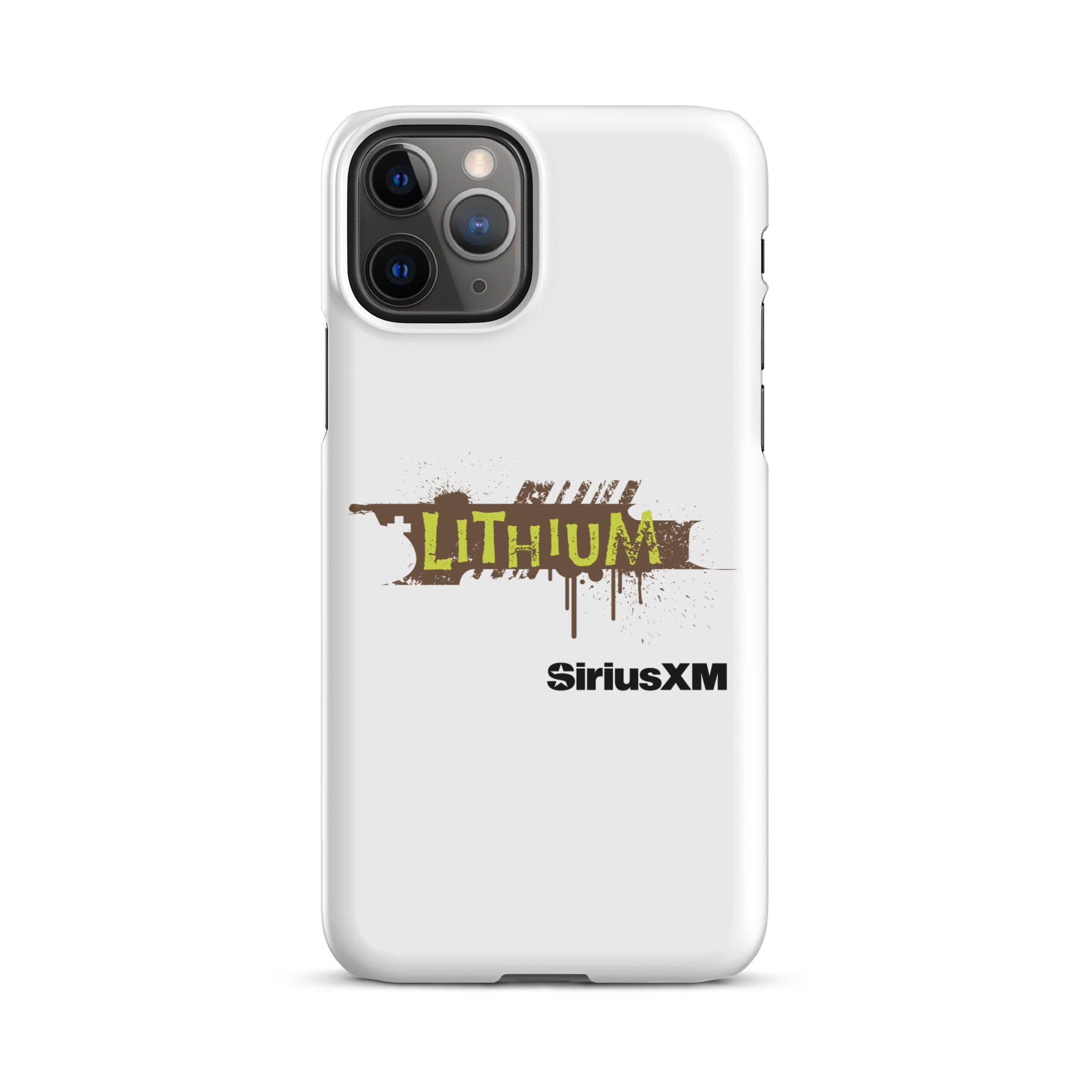 A white phone case featuring the 'LITHIUM' logo in green and brown, with 'SiriusXM' below it.