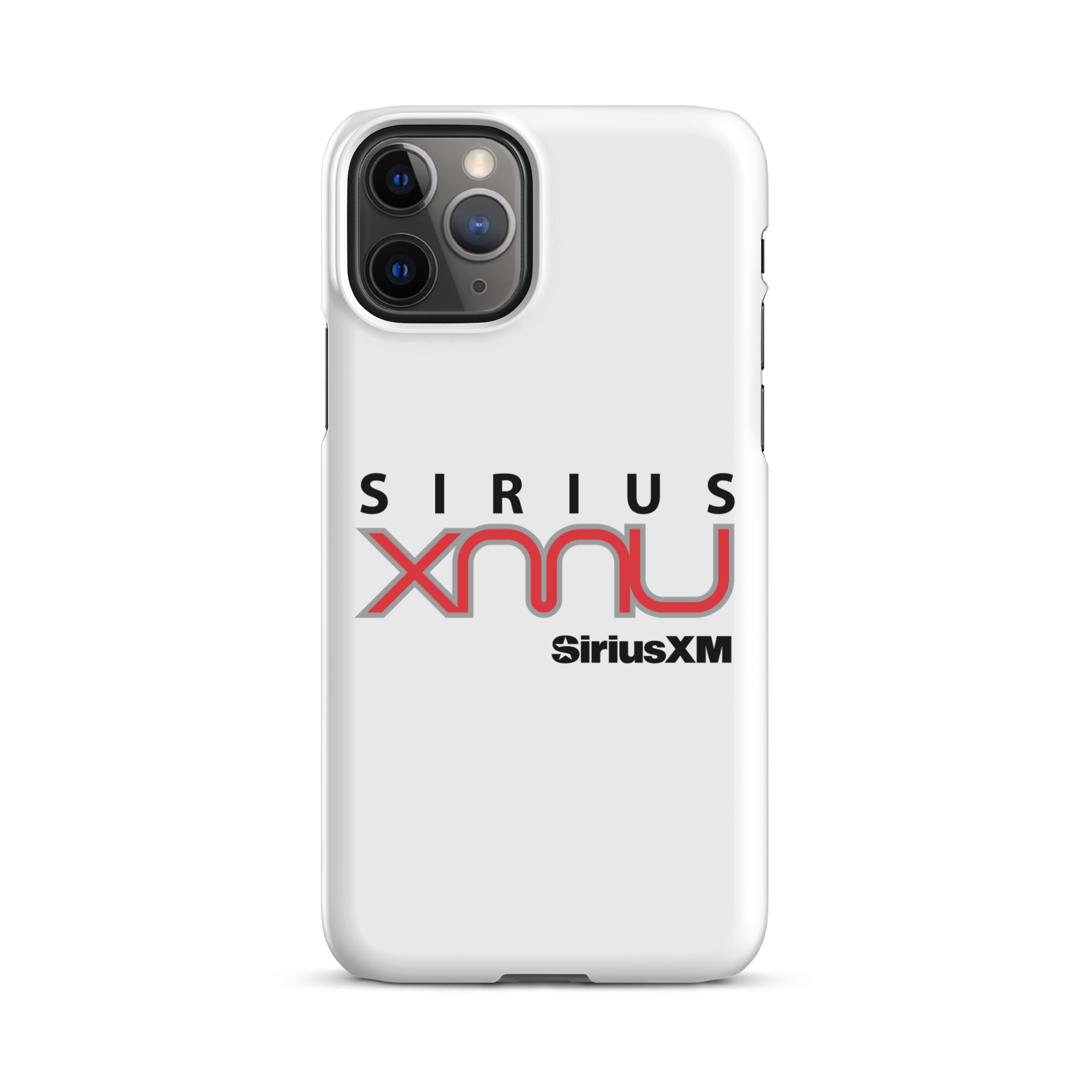 White phone case featuring the 'SiriusXM' logo with 'SIRIUS XMU' text in black and red.