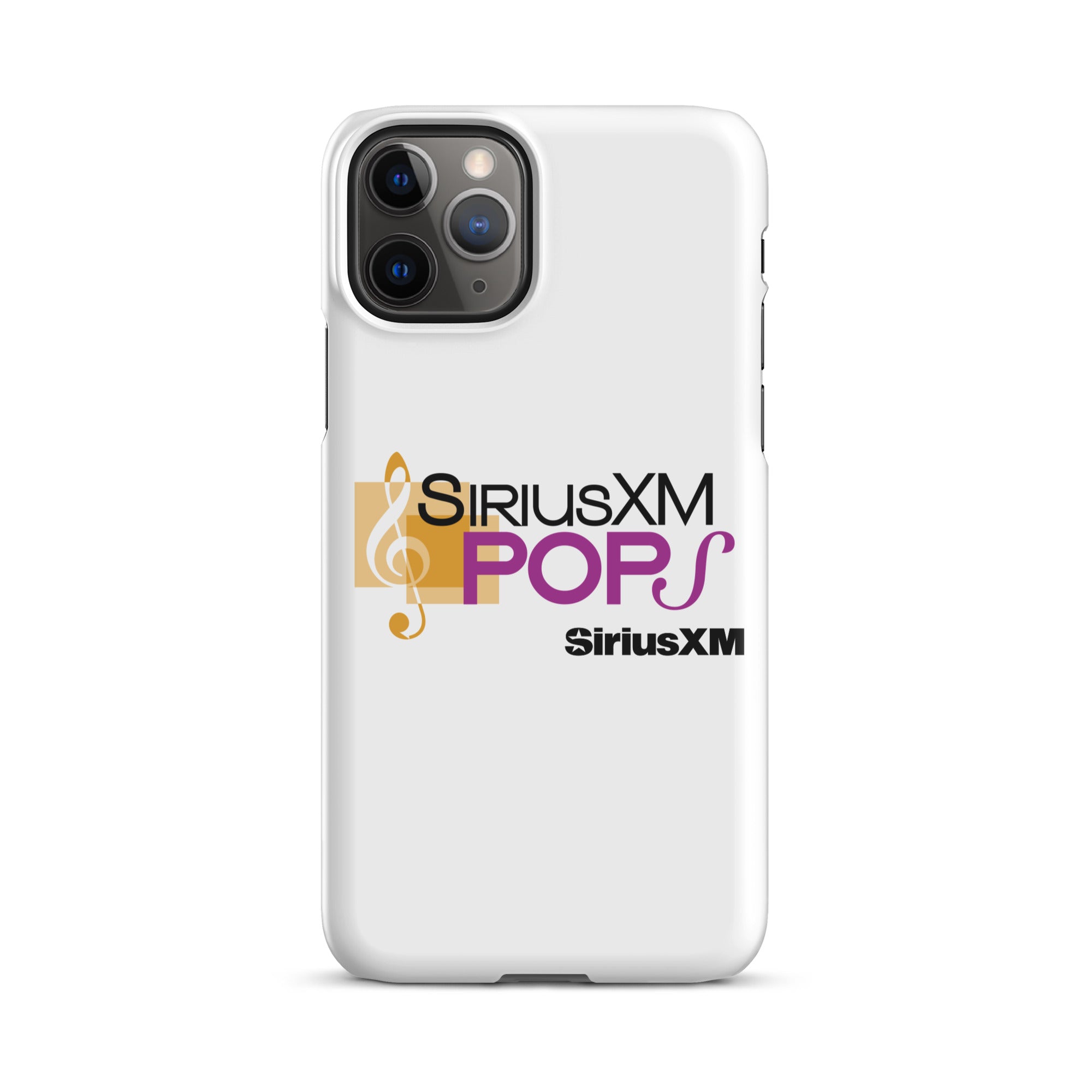 A white phone case featuring the 'SiriusXM POPS' logo in purple with a gold musical note design and 'SiriusXM' branding.