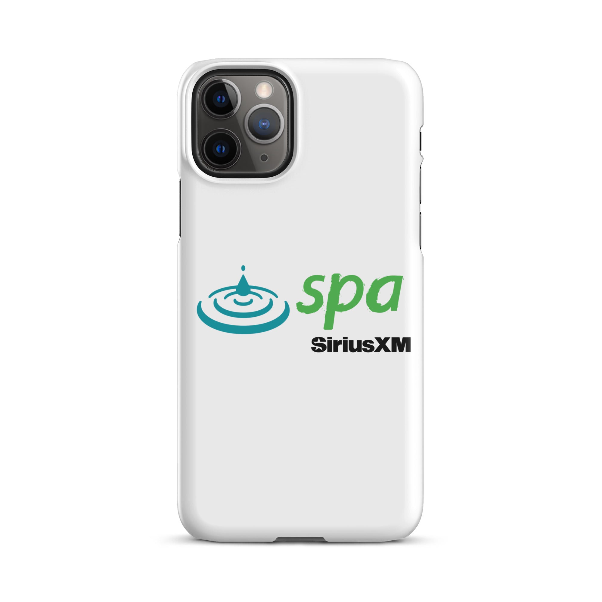 A white phone case featuring the 'spa' logo with a water droplet and ripple design and 'SiriusXM' branding underneath.