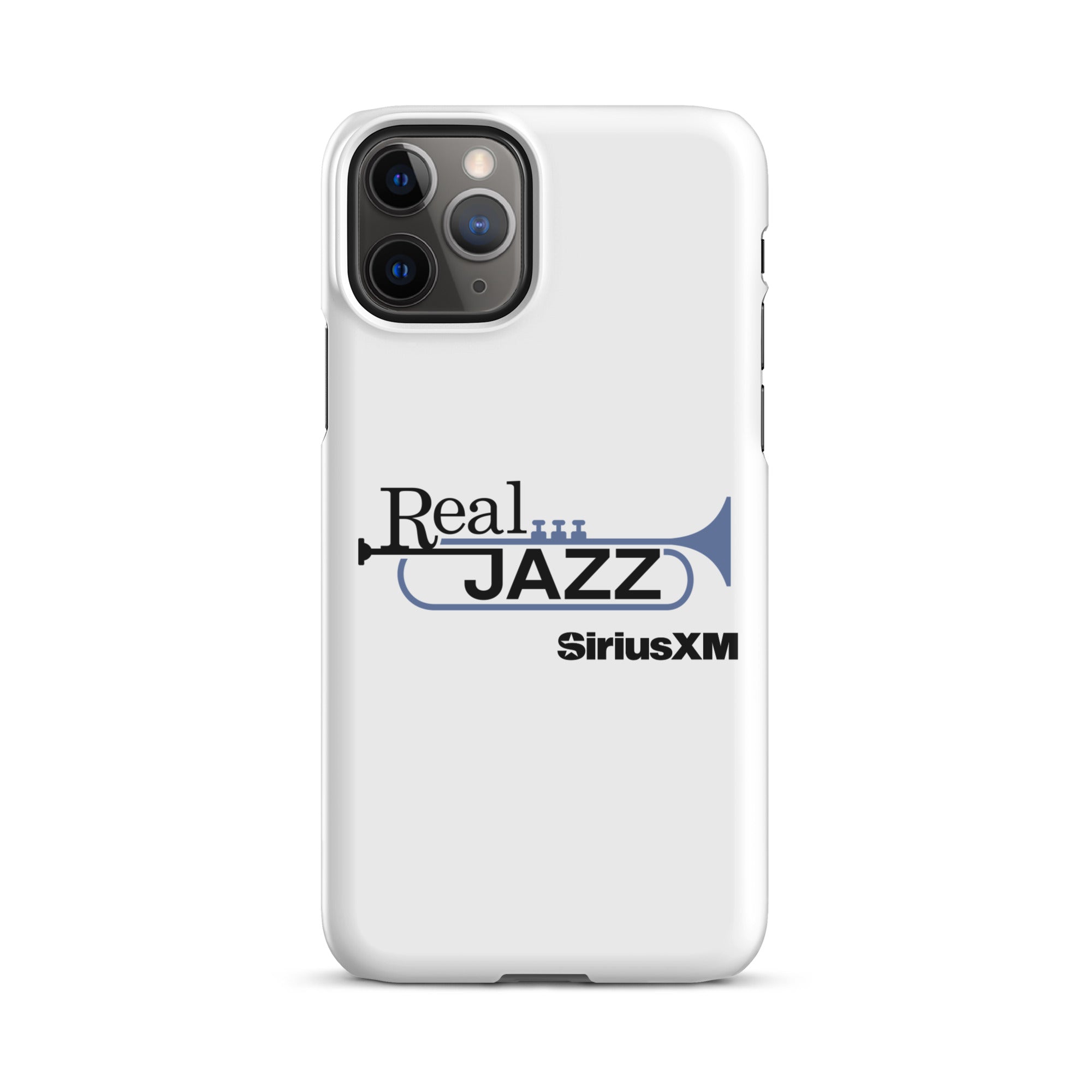 White phone case with 'Real Jazz' text and trumpet logo, featuring 'SiriusXM' branding.