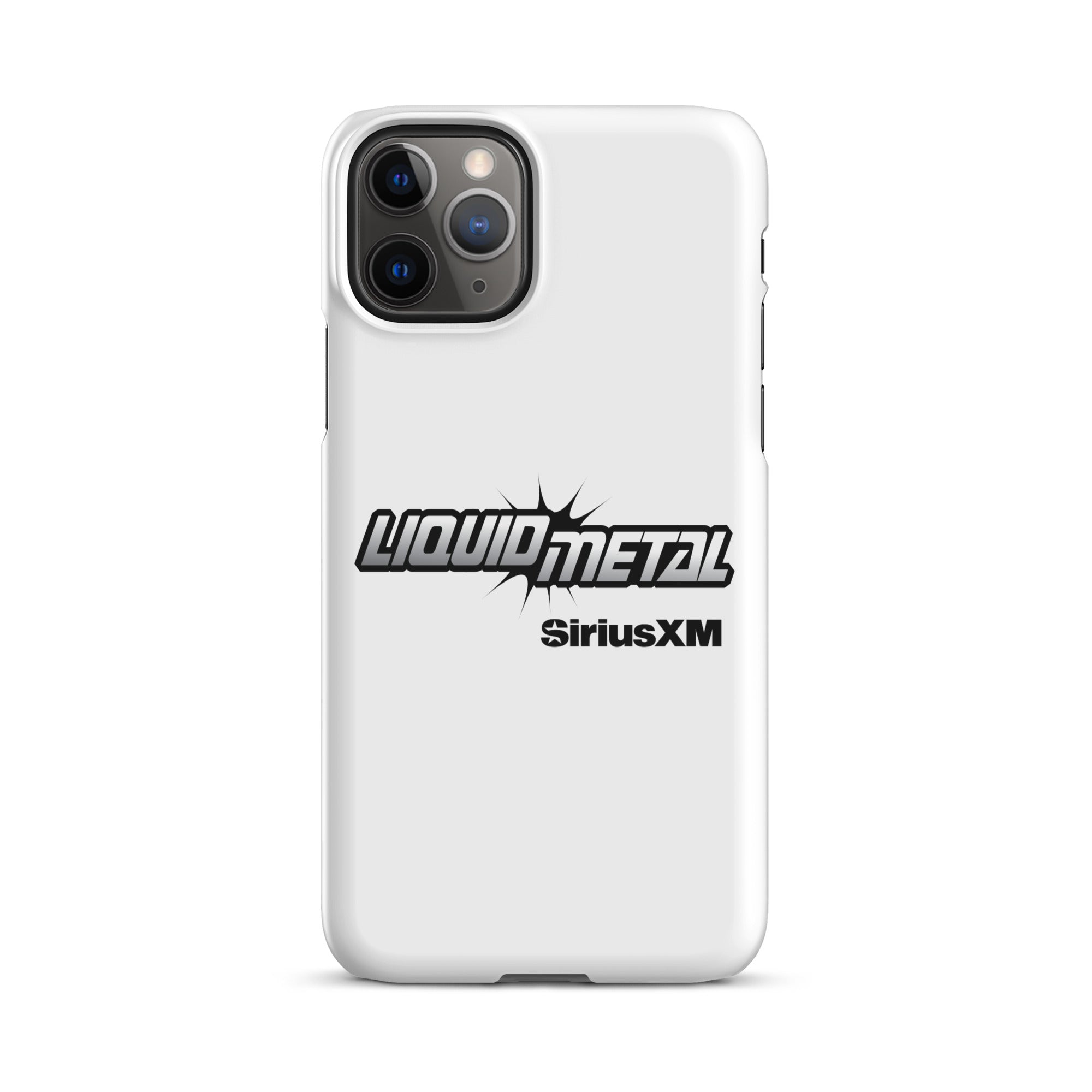 White phone case featuring the 'LIQUID METAL' logo with 'SiriusXM' underneath in a bold design.