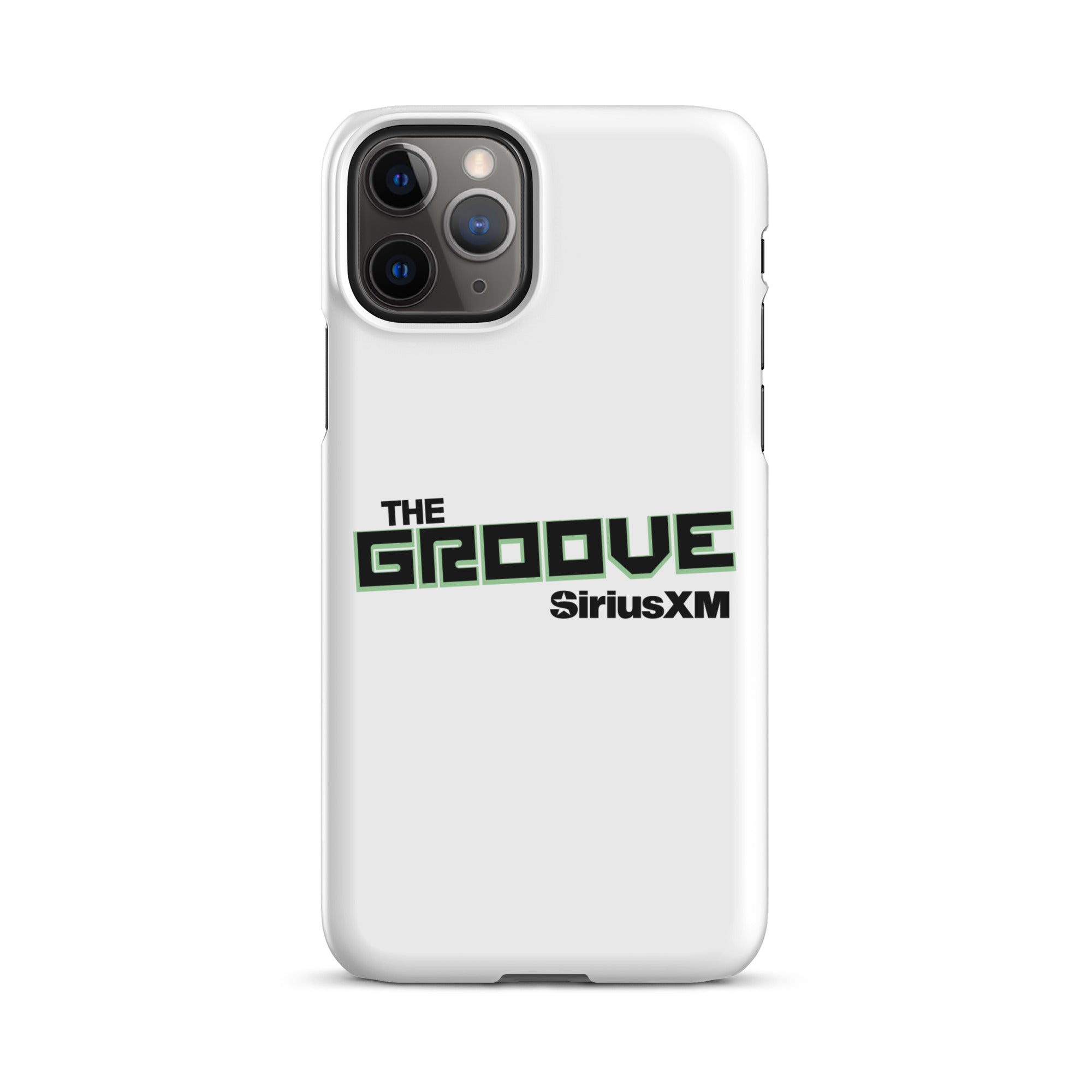 White phone case featuring 'THE GROOVE' and 'SiriusXM' logos in black and green.