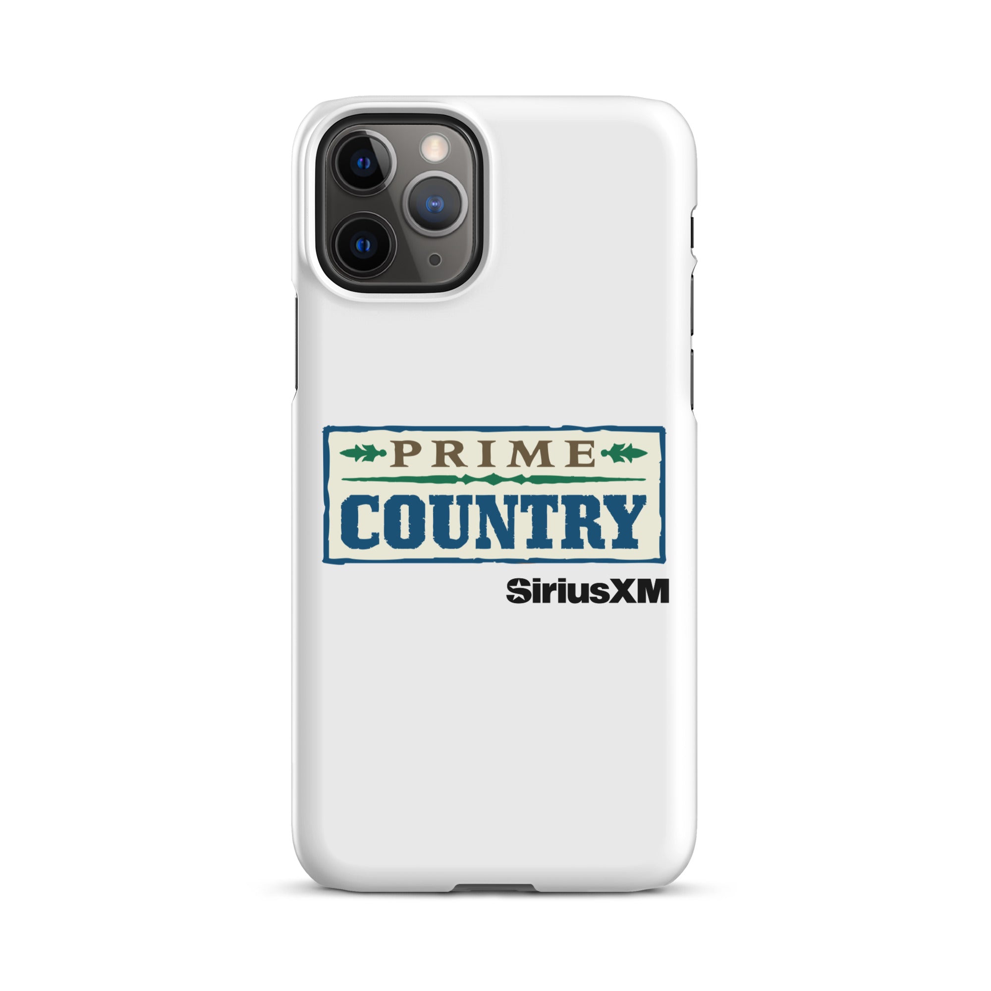 White phone case featuring the 'PRIME COUNTRY' logo and 'SiriusXM' branding.