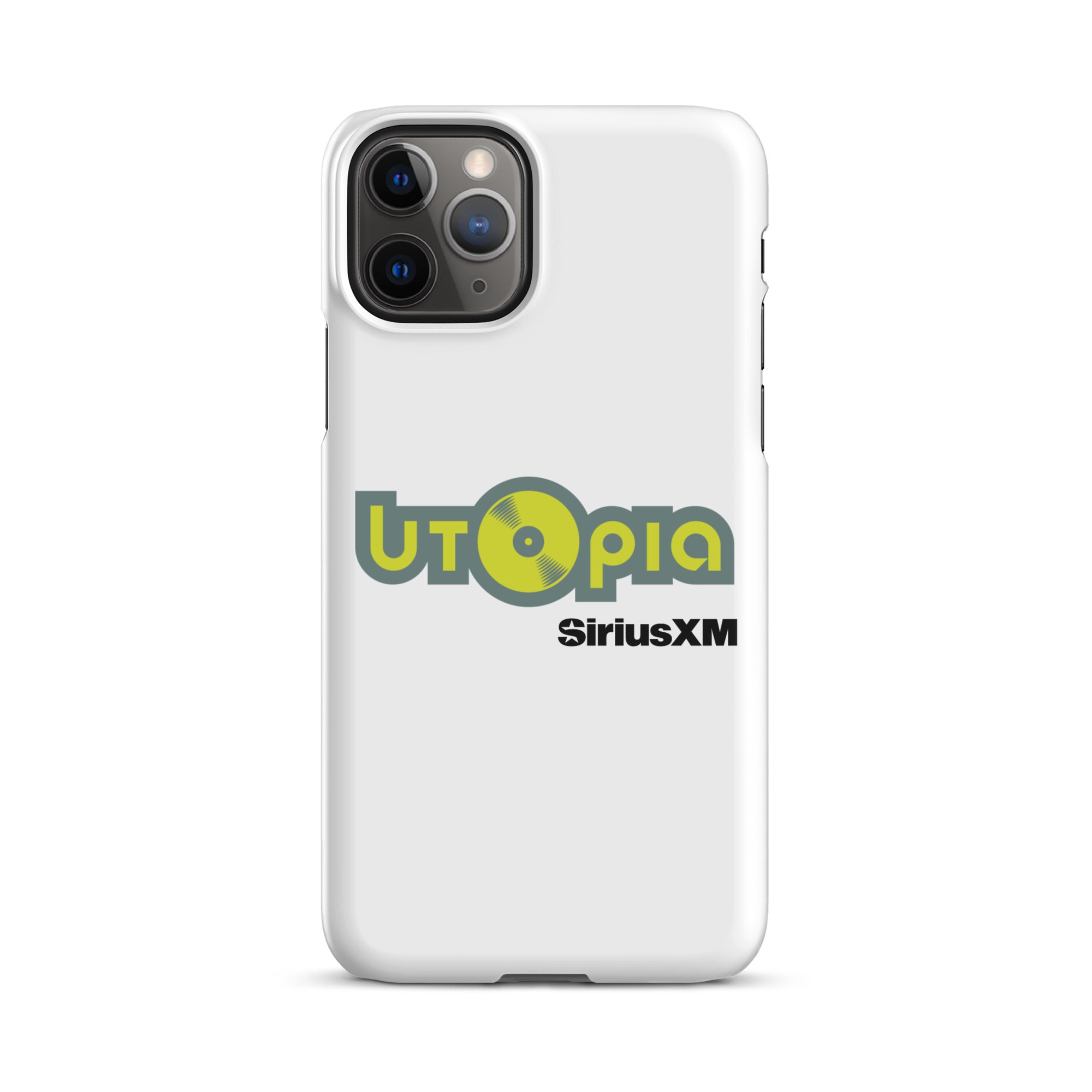 White phone case featuring the logo 'Utopia' with a vinyl record and 'SiriusXM' text.