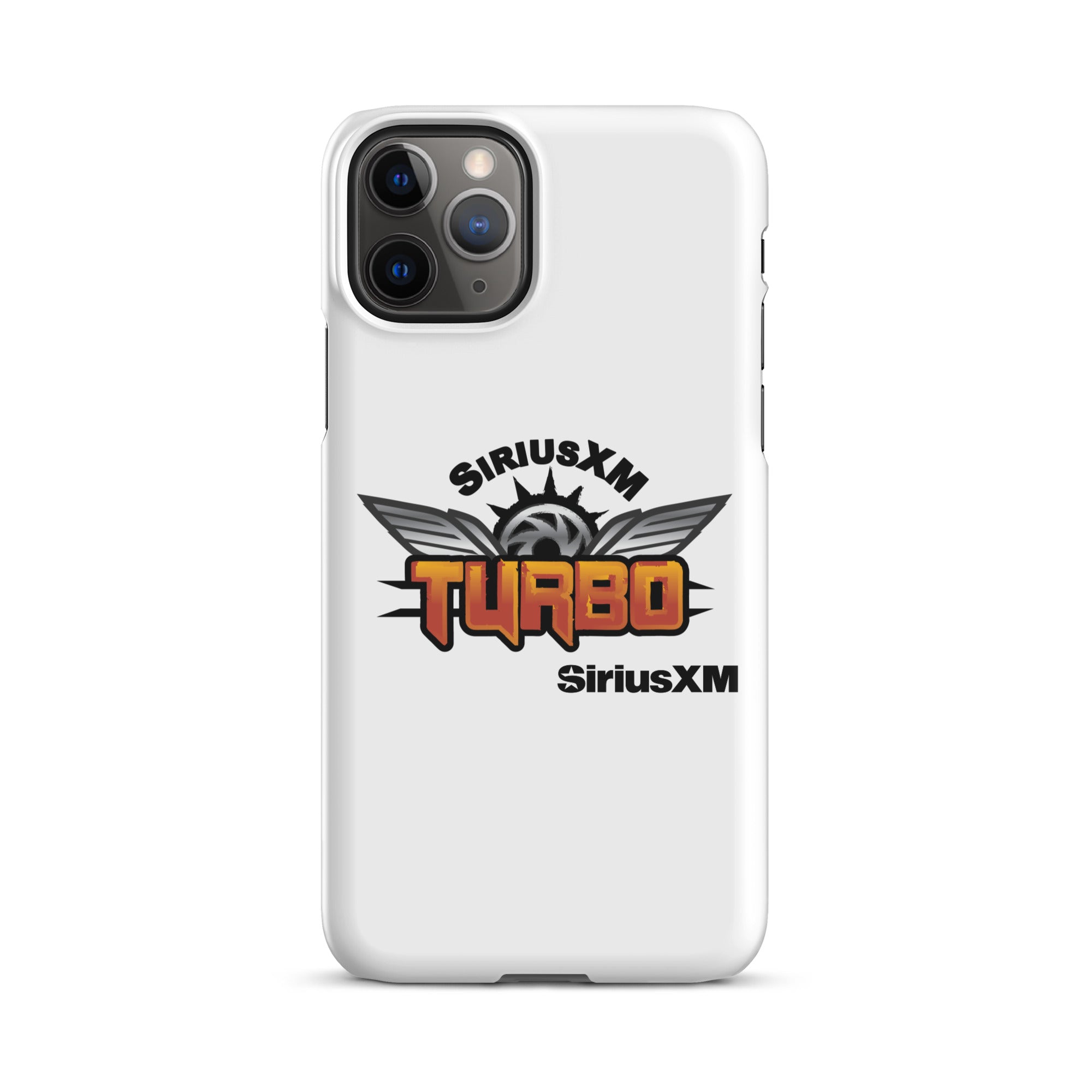 White phone case featuring the 'SiriusXM Turbo' logo in bold orange lettering with wings and 'SiriusXM' branding.