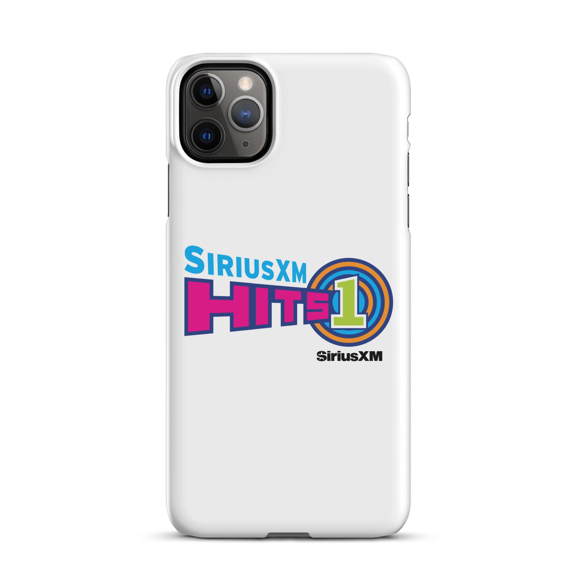 White phone case featuring the 'SiriusXM Hits 1' logo in vibrant colors and 'SiriusXM' branding underneath.