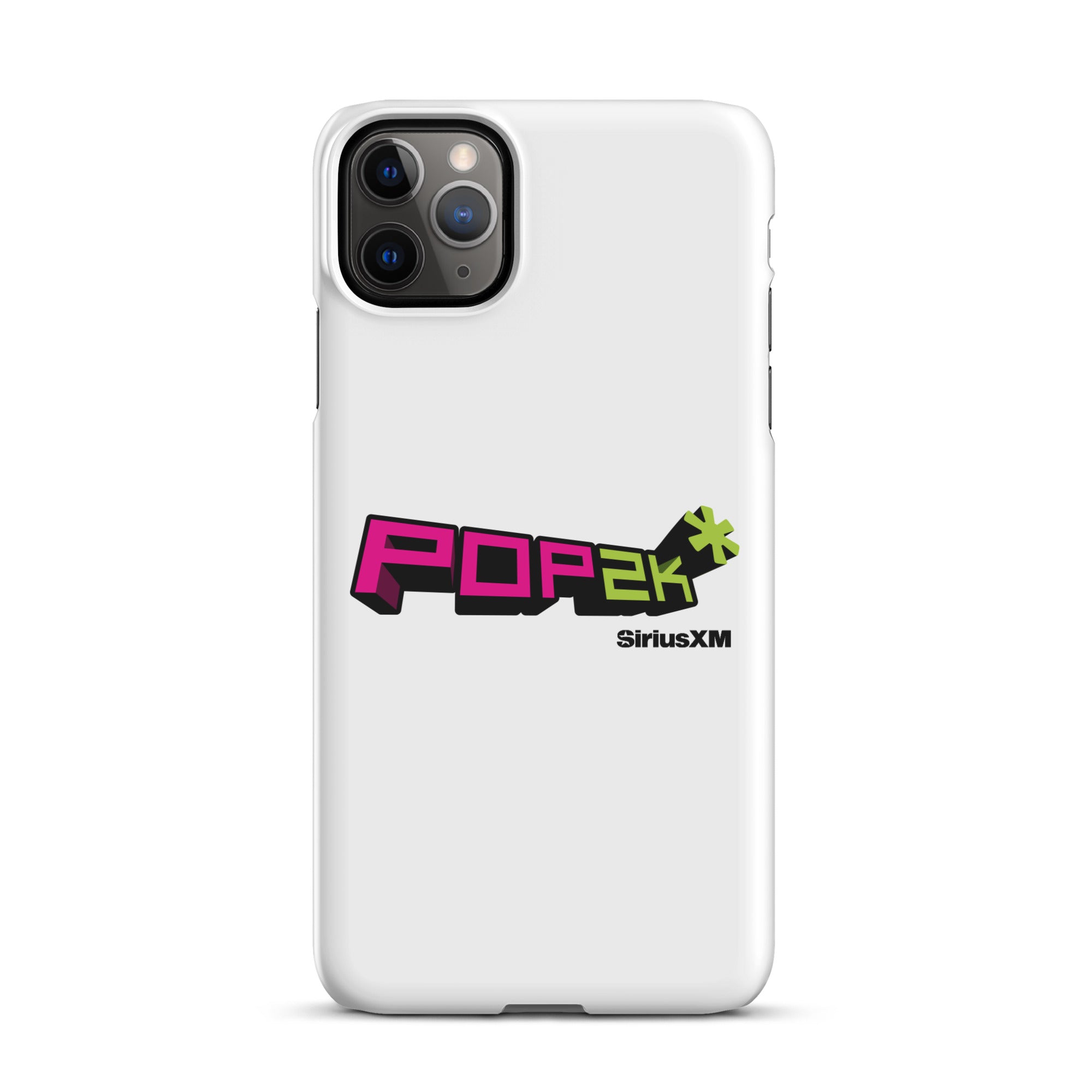 White phone case featuring the 'POP2K' logo in vibrant pink and green colors with 'SiriusXM' branding.