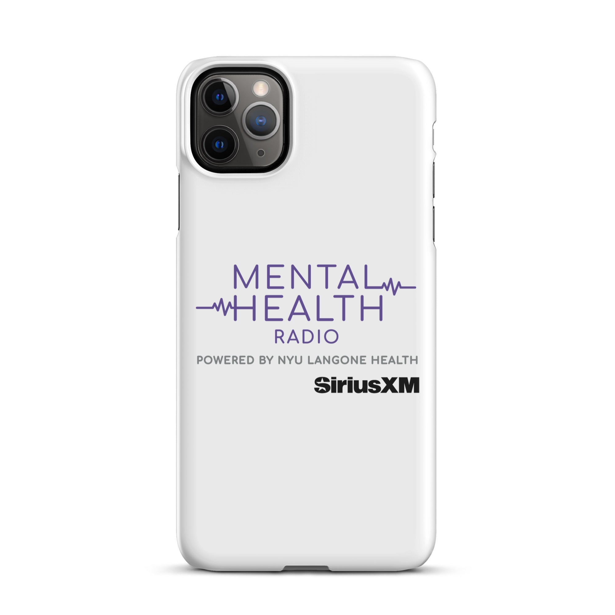 White phone case featuring 'Mental Health Radio powered by NYU Langone Health' logo and 'SiriusXM' branding.