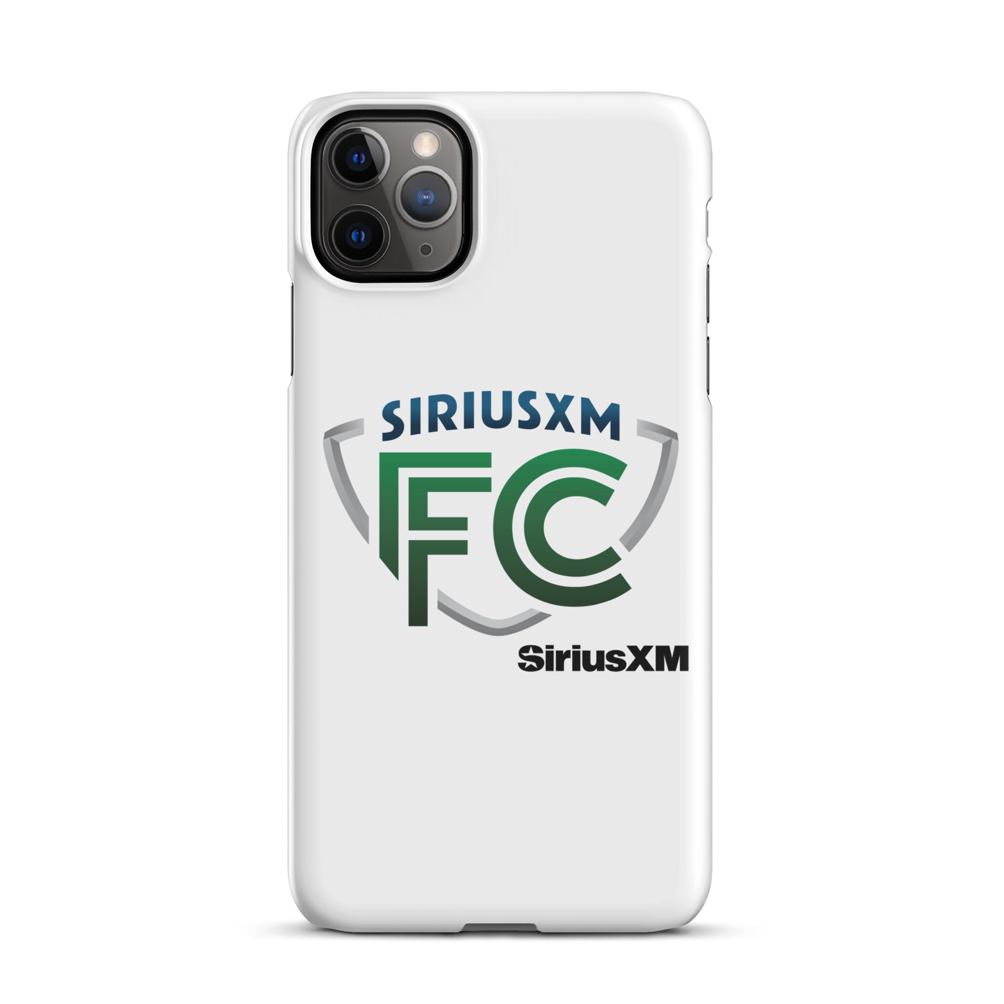 White phone case featuring the 'SiriusXM FC' logo in green and gray with 'SiriusXM' branding in black.