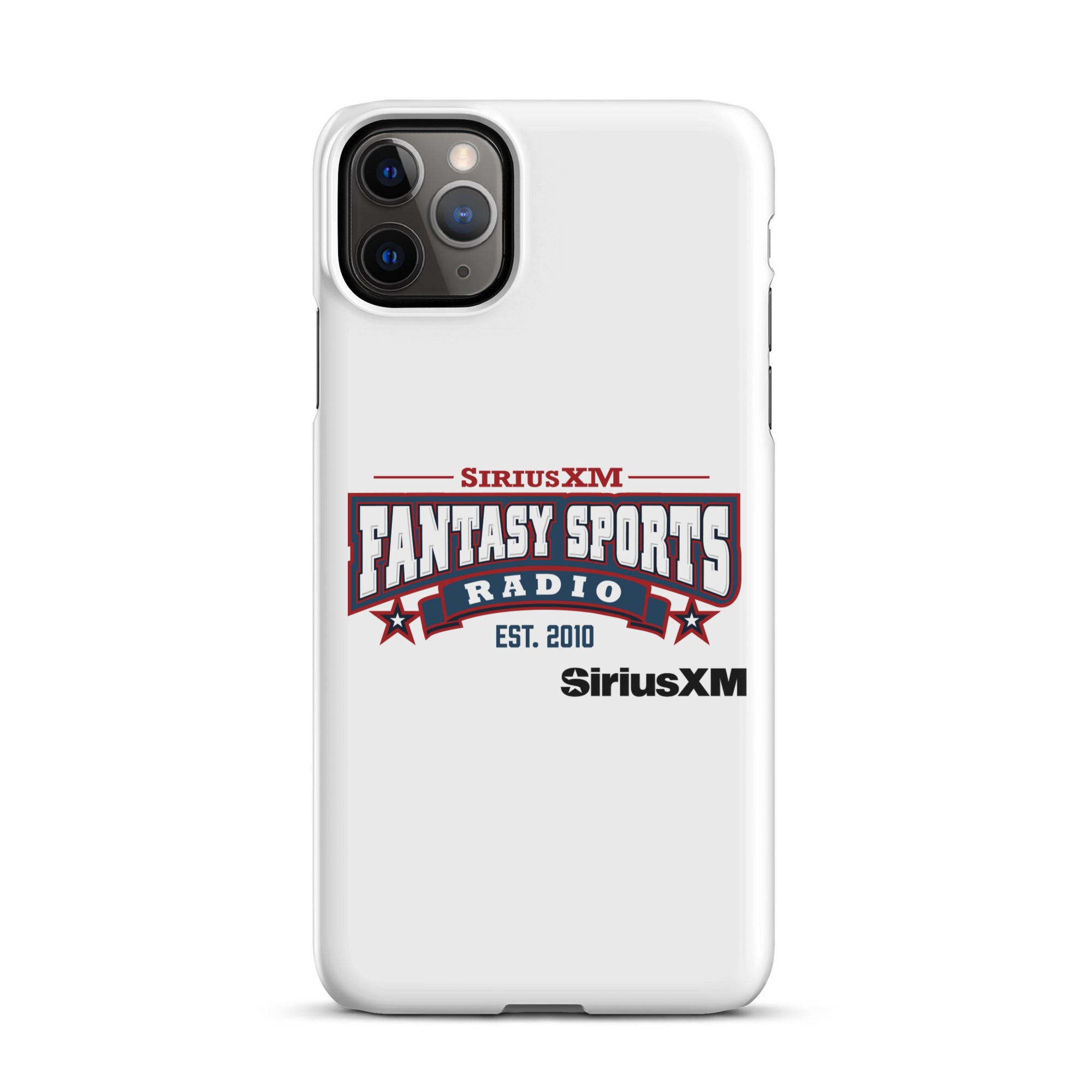 White phone case featuring the 'SiriusXM Fantasy Sports Radio Established 2010' logo with stars, banners and black 'SiriusXM' branding underneath.