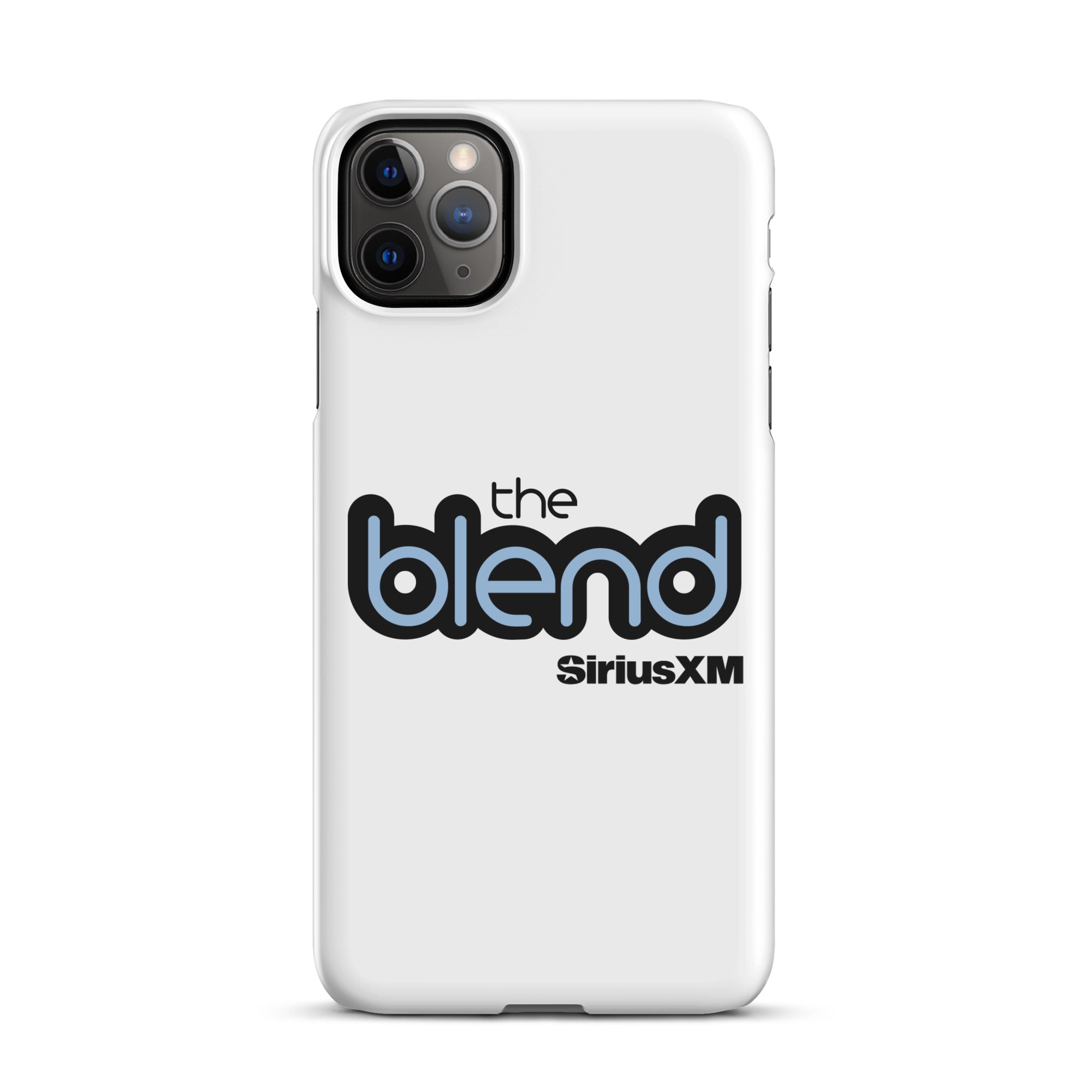 White phone case featuring the logo 'the blend' in black and blue and the 'SiriusXM' logo.