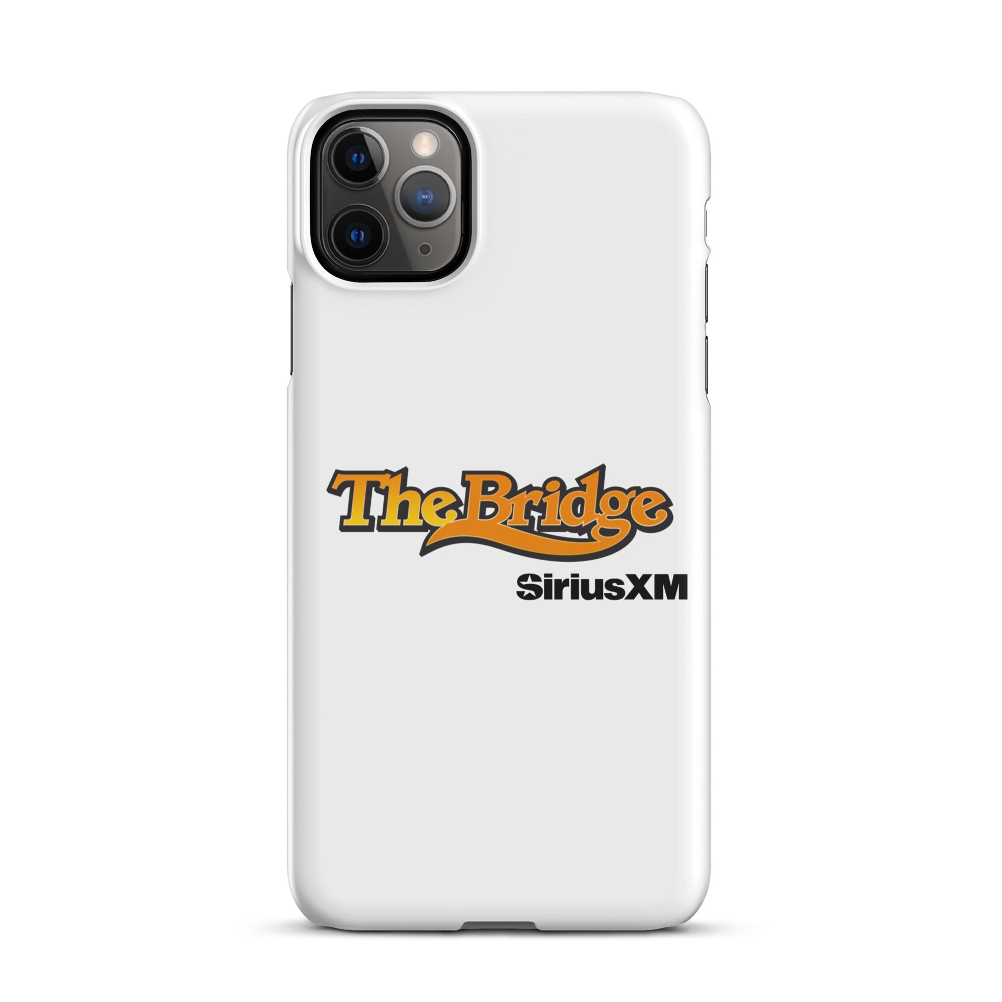 White phone case featuring the logos for 'The Bridge' and 'SiriusXM.'