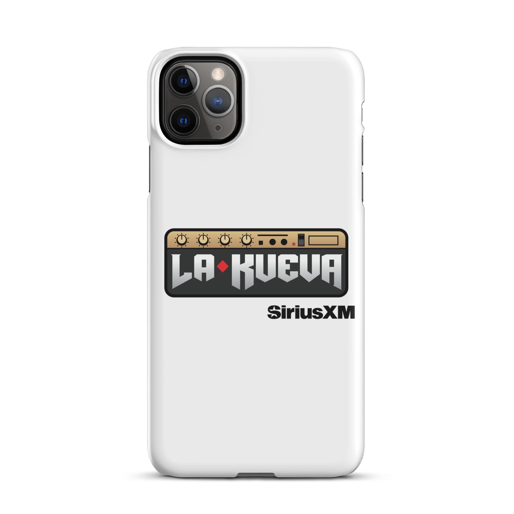 White phone case featuring 'LA KUEVA' and 'SiriusXM' logo with a graphic design resembling a sound mixer.