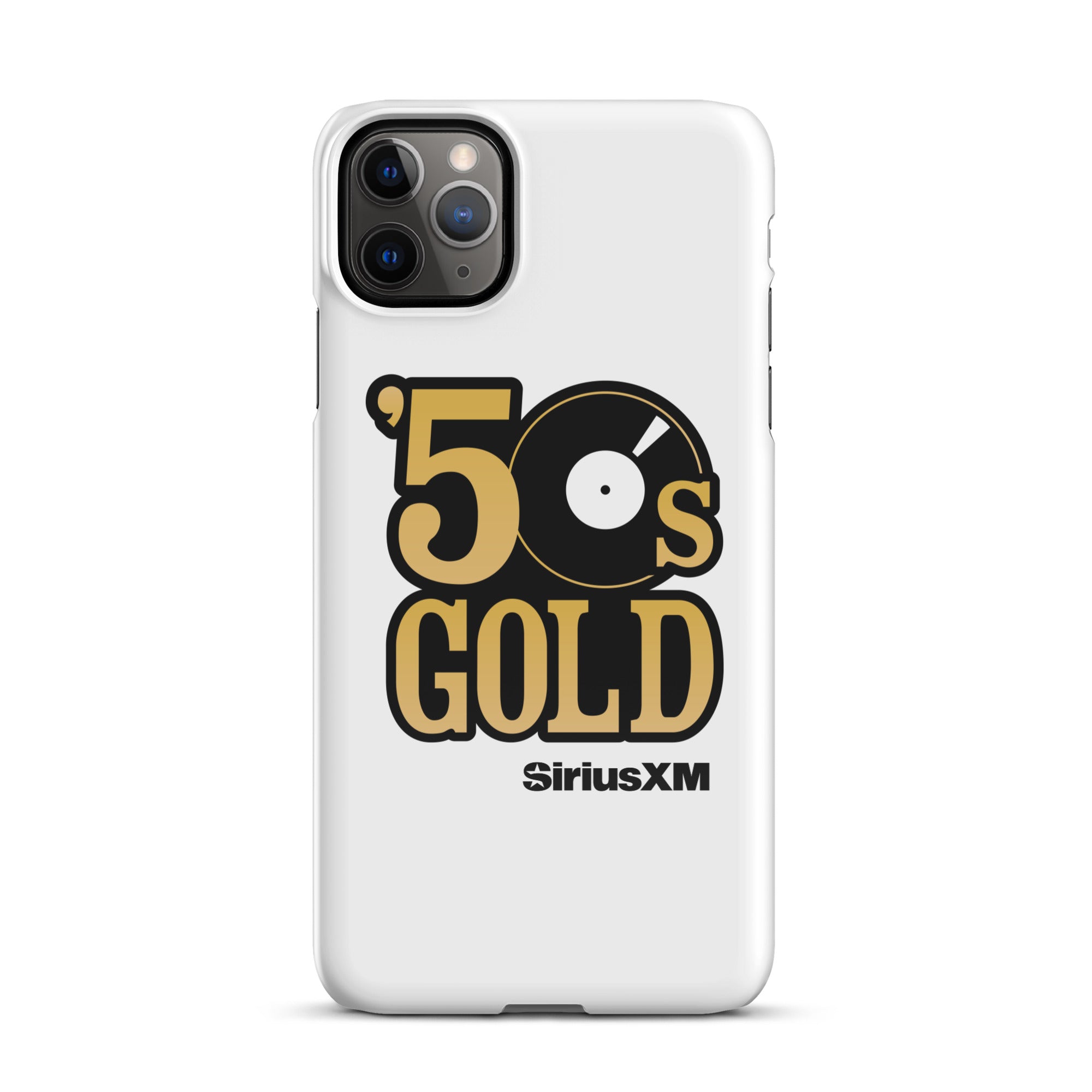 White phone case featuring '50s GOLD' logo with a record icon and 'SiriusXM' branding.