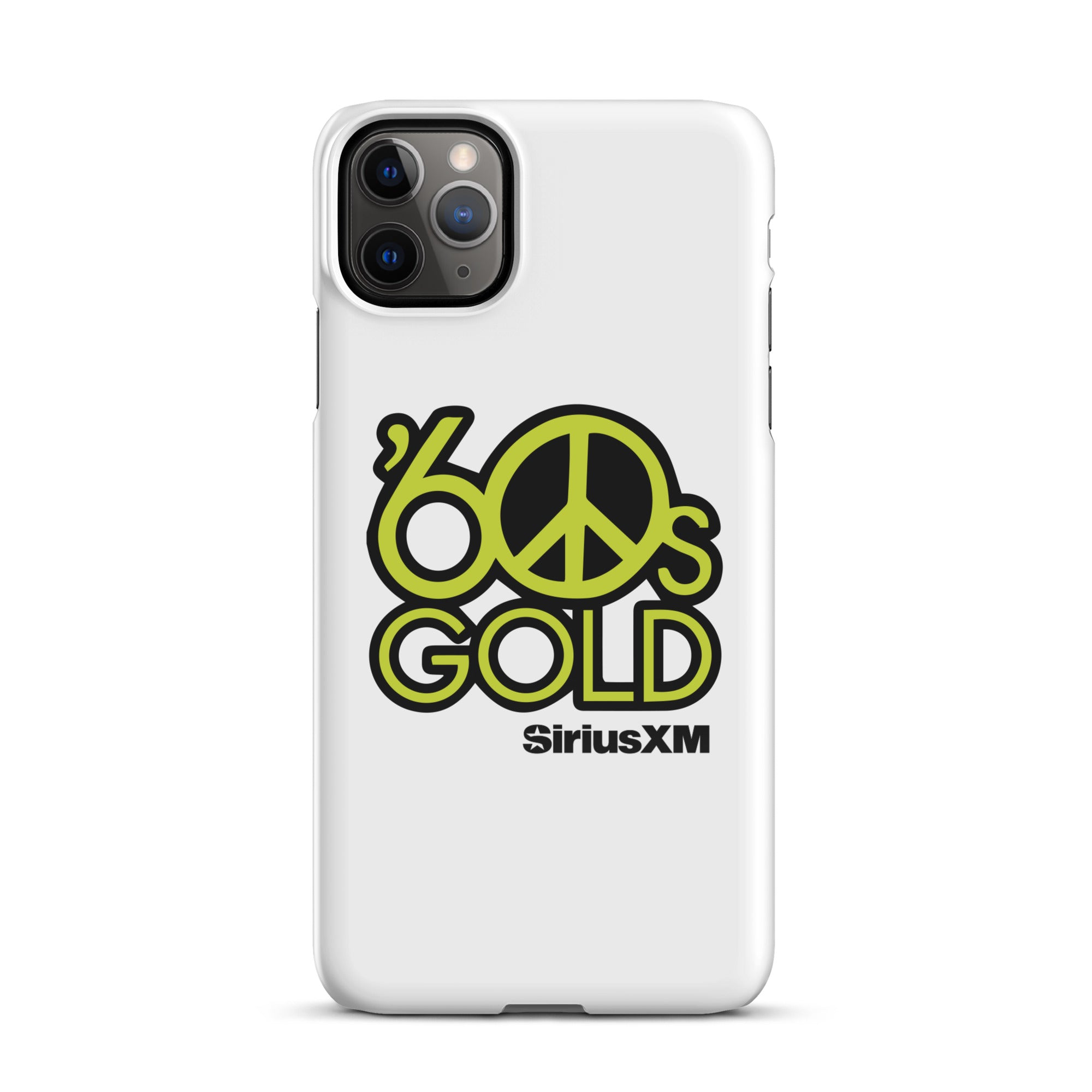 White phone case featuring '60s Gold' logo and peace sign in green, with 'SiriusXM' branding.