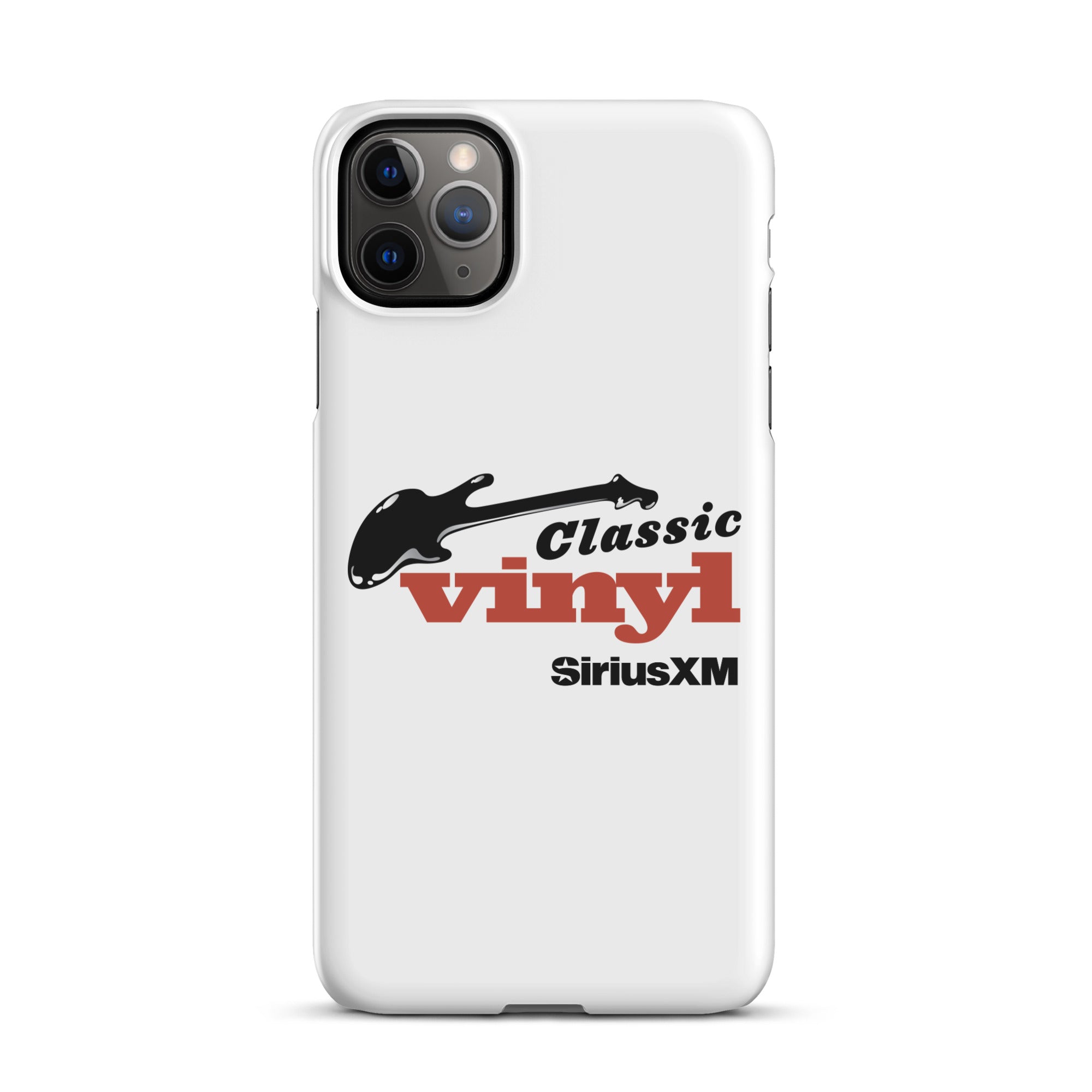 White phone case featuring 'Classic Vinyl' logo and guitar design with 'SiriusXM' branding.