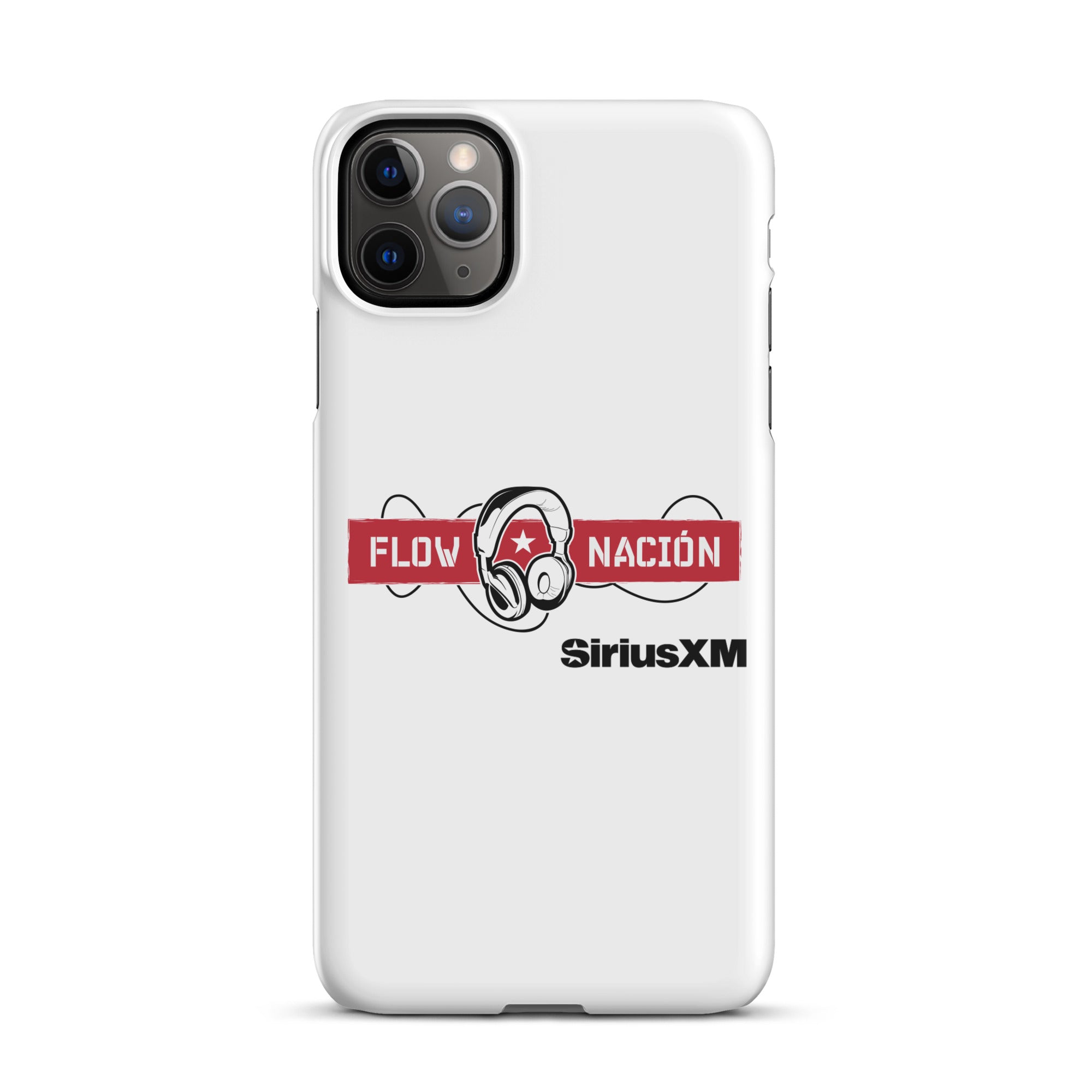 White phone case featuring 'FLOW NACION' with headphones logo and 'SiriusXM' branding.