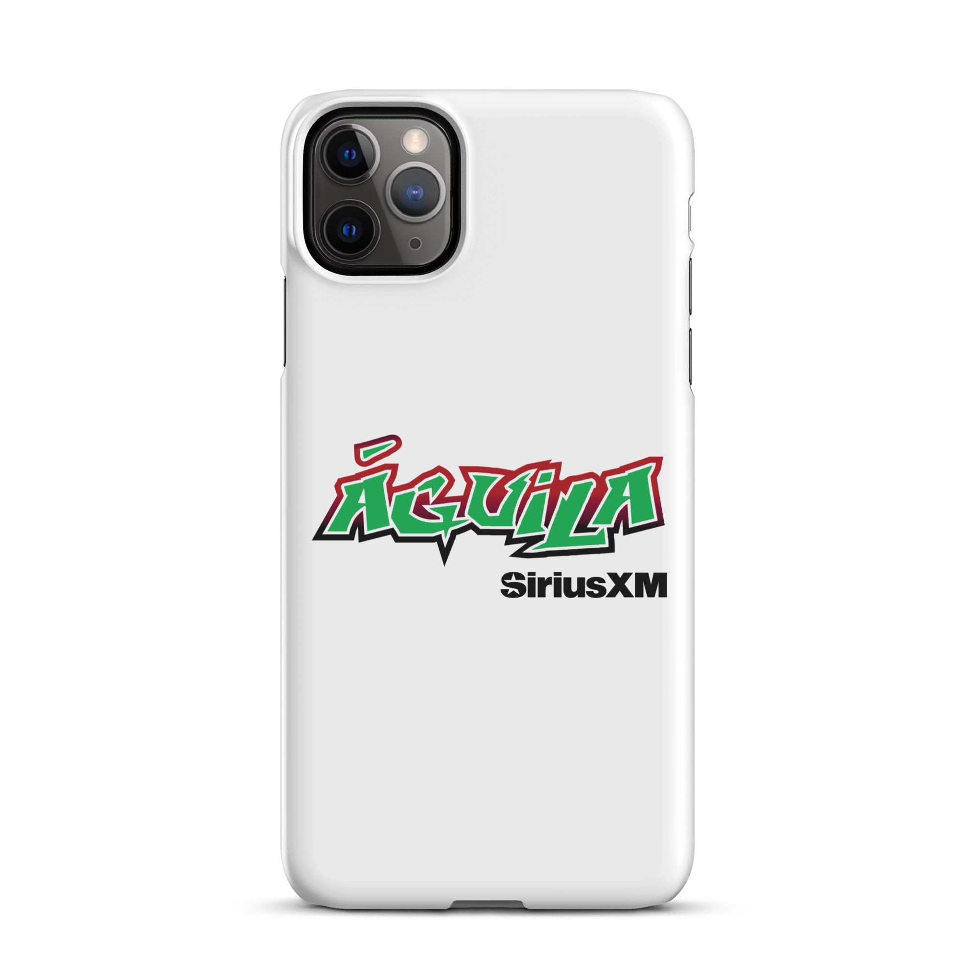 White phone case featuring the word 'Águila' in bold green and red letters, and 'SiriusXM' in black.