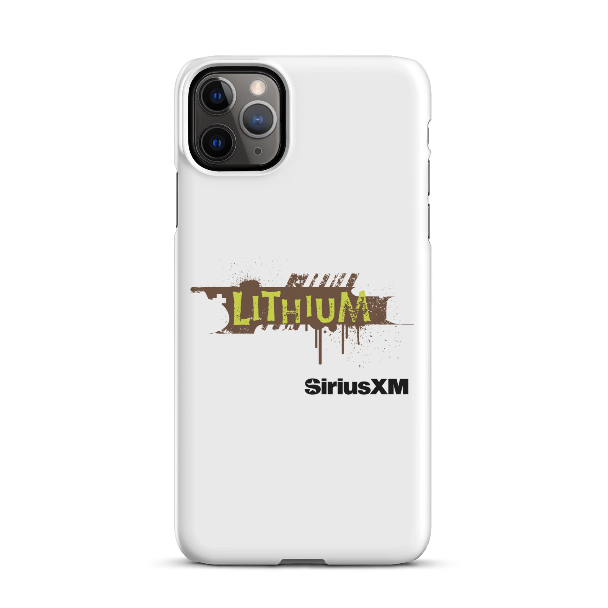 A white phone case featuring the 'LITHIUM' logo in green and brown, with 'SiriusXM' below it.