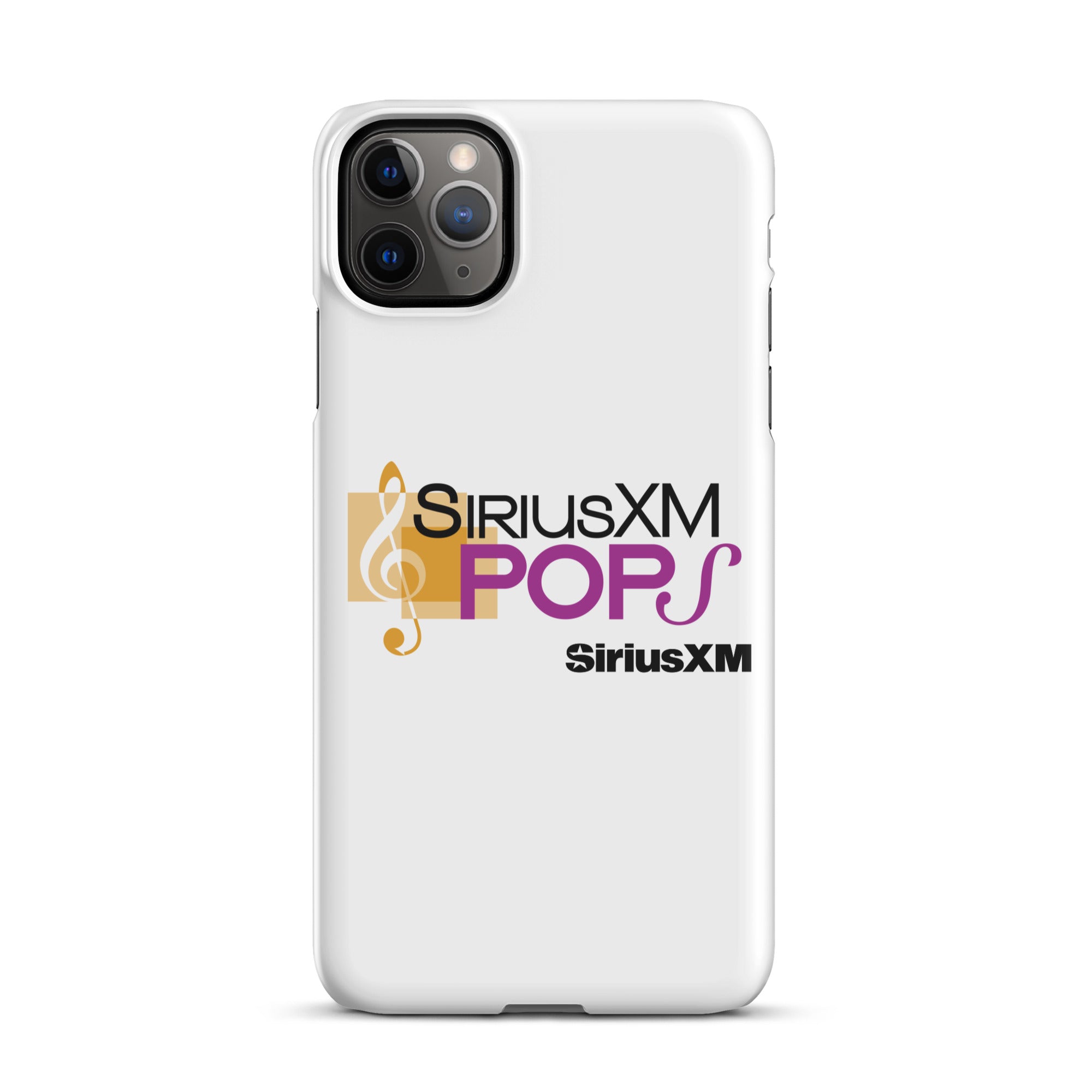 A white phone case featuring the 'SiriusXM POPS' logo in purple with a gold musical note design and 'SiriusXM' branding.