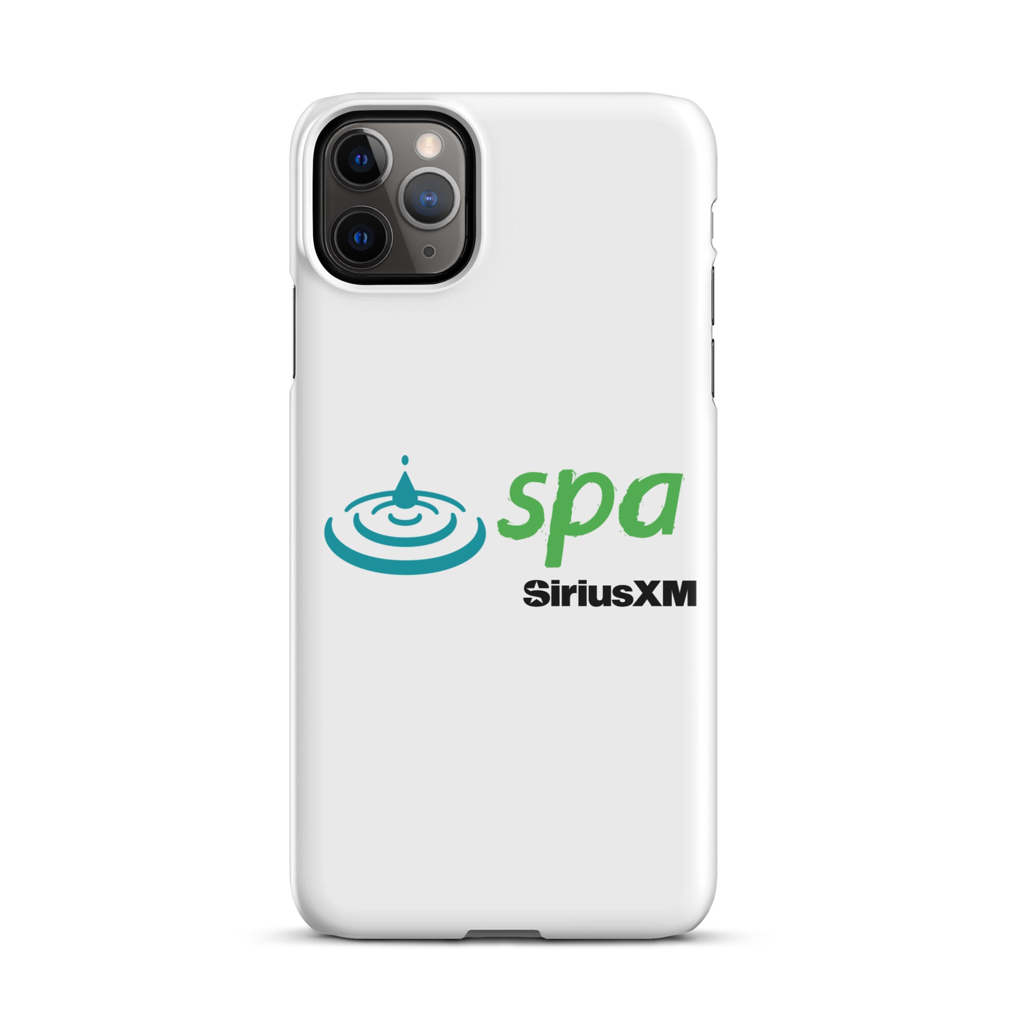 A white phone case featuring the 'spa' logo with a water droplet and ripple design and 'SiriusXM' branding underneath.