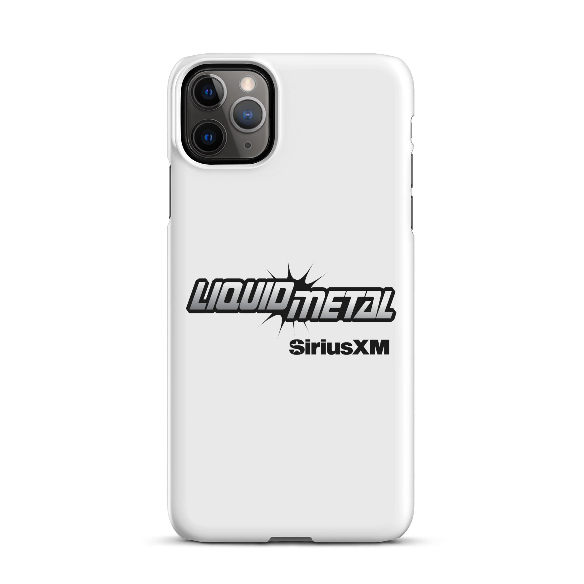 White phone case featuring the 'LIQUID METAL' logo with 'SiriusXM' underneath in a bold design.