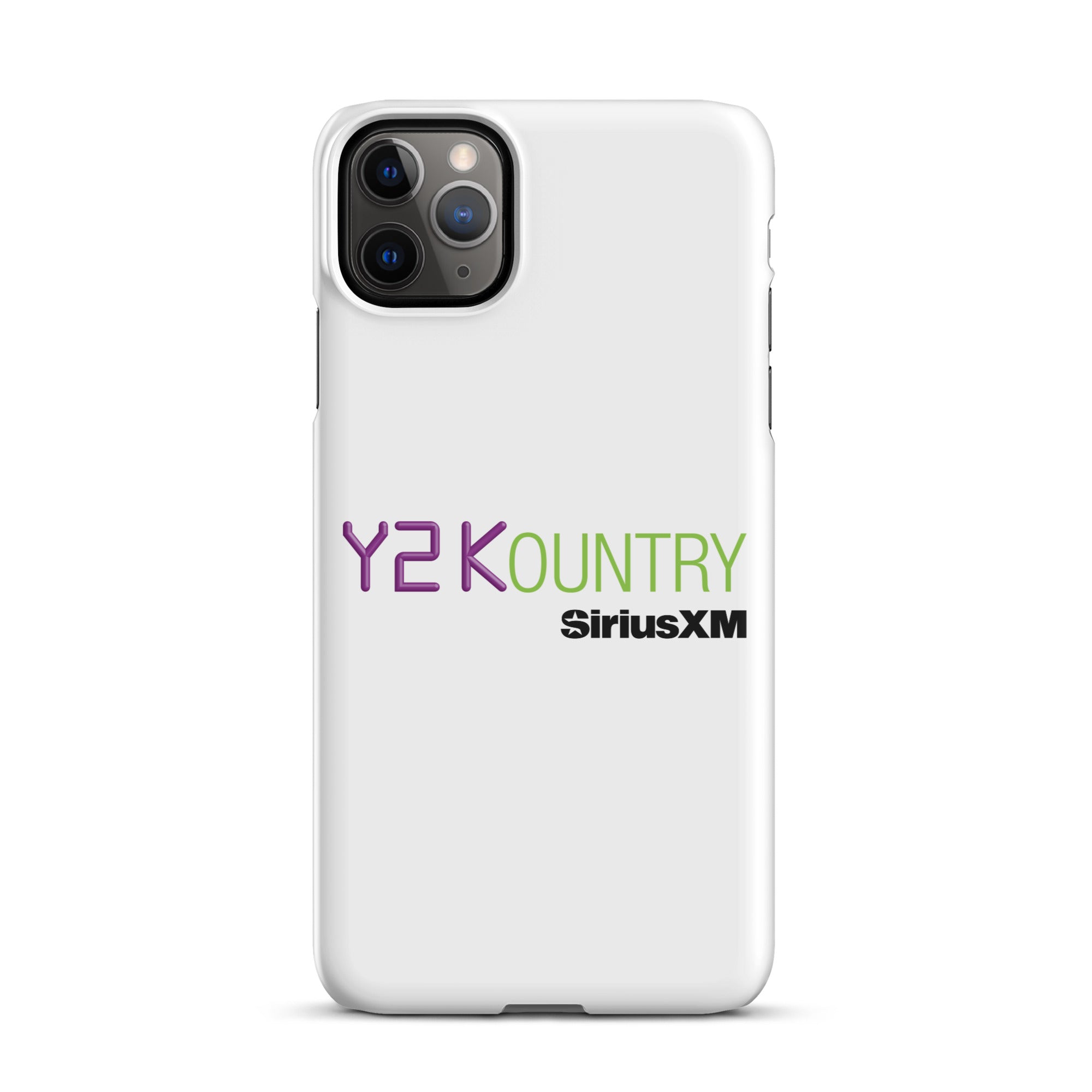 White phone case featuring the text 'Y2KOUNTRY' and 'SiriusXM' in purple and green.