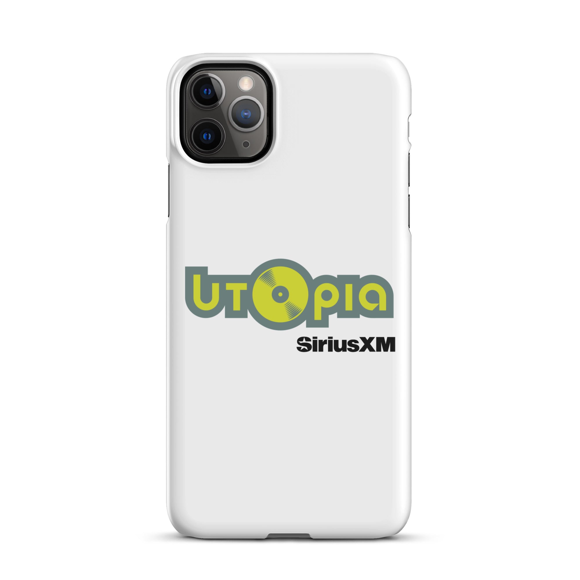 White phone case featuring the logo 'Utopia' with a vinyl record and 'SiriusXM' text.