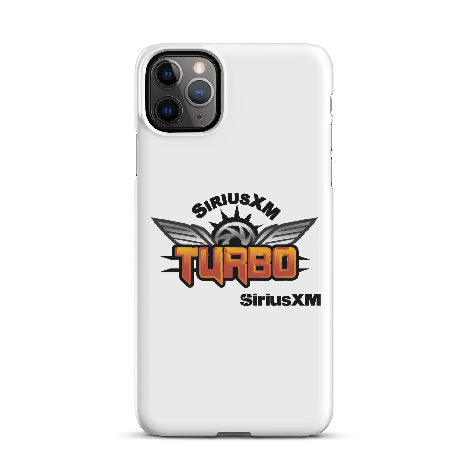 White phone case featuring the 'SiriusXM Turbo' logo in bold orange lettering with wings and 'SiriusXM' branding.