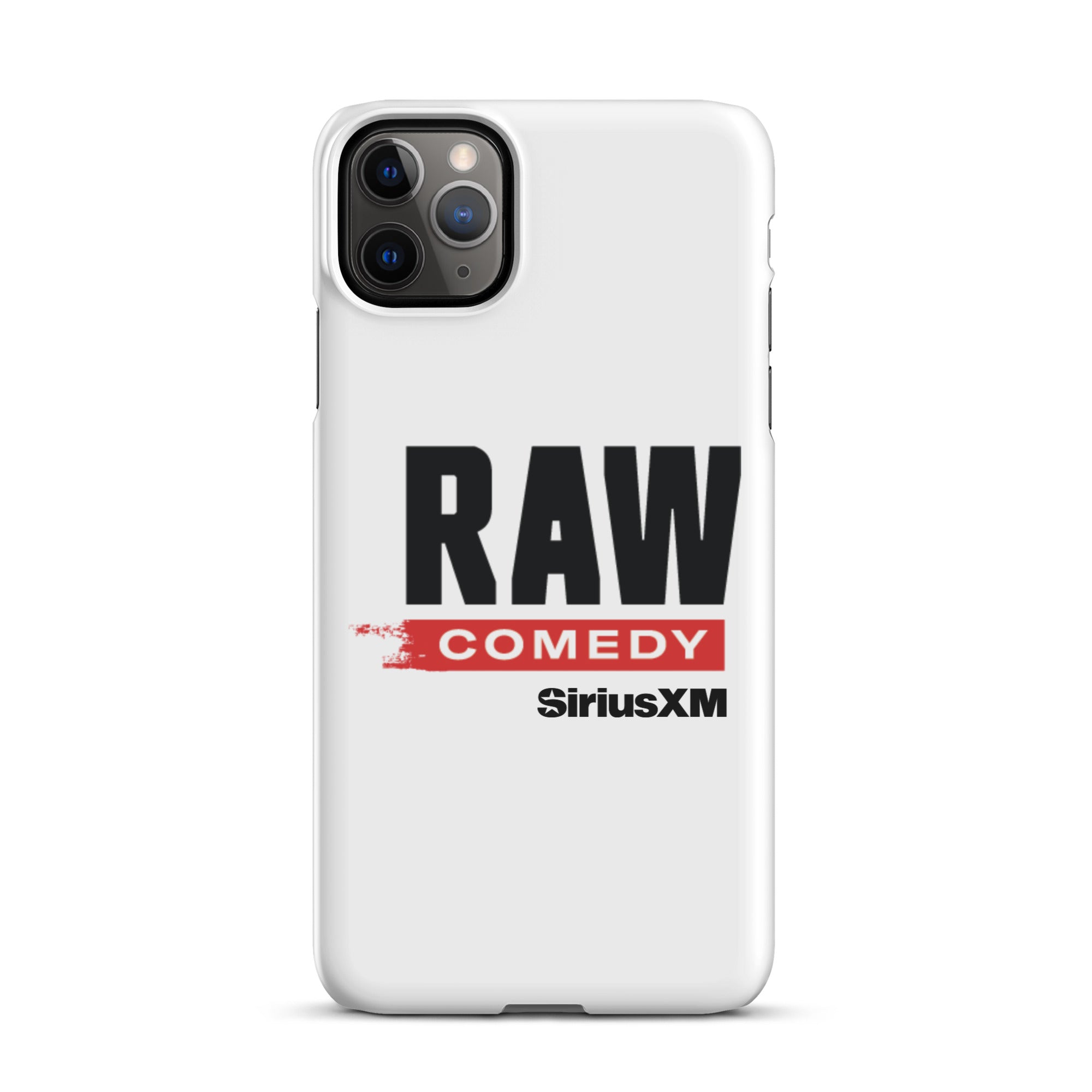 White phone case featuring the text 'RAW COMEDY' and the 'SiriusXM' logo.