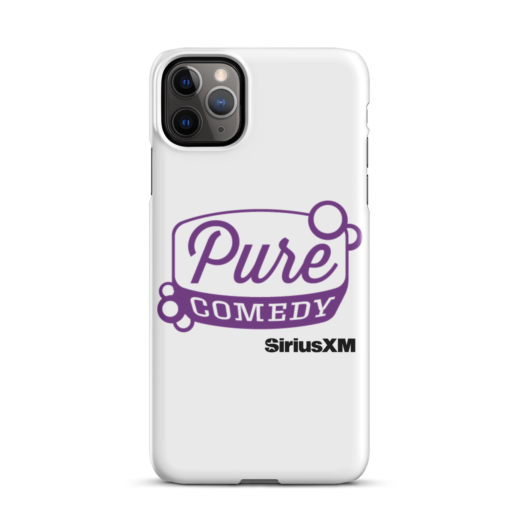 White phone case featuring 'Pure Comedy' in purple and 'SiriusXM' logo.