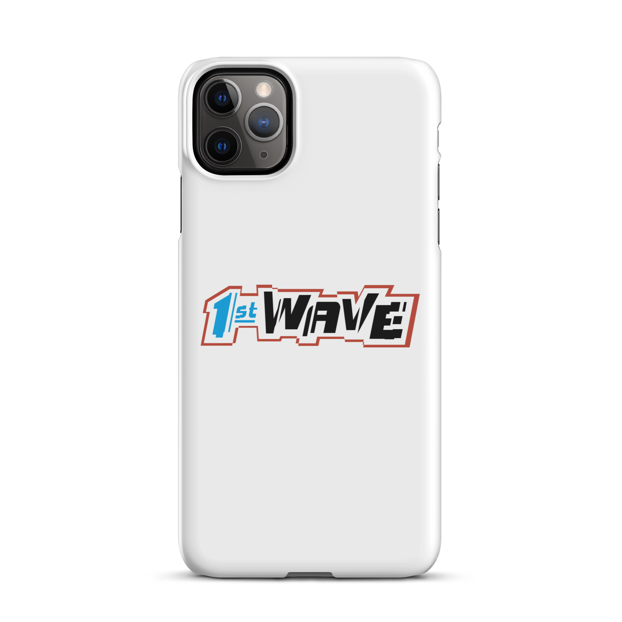 White phone case featuring the text '1st WAVE' in bold, colorful typography on a black background.