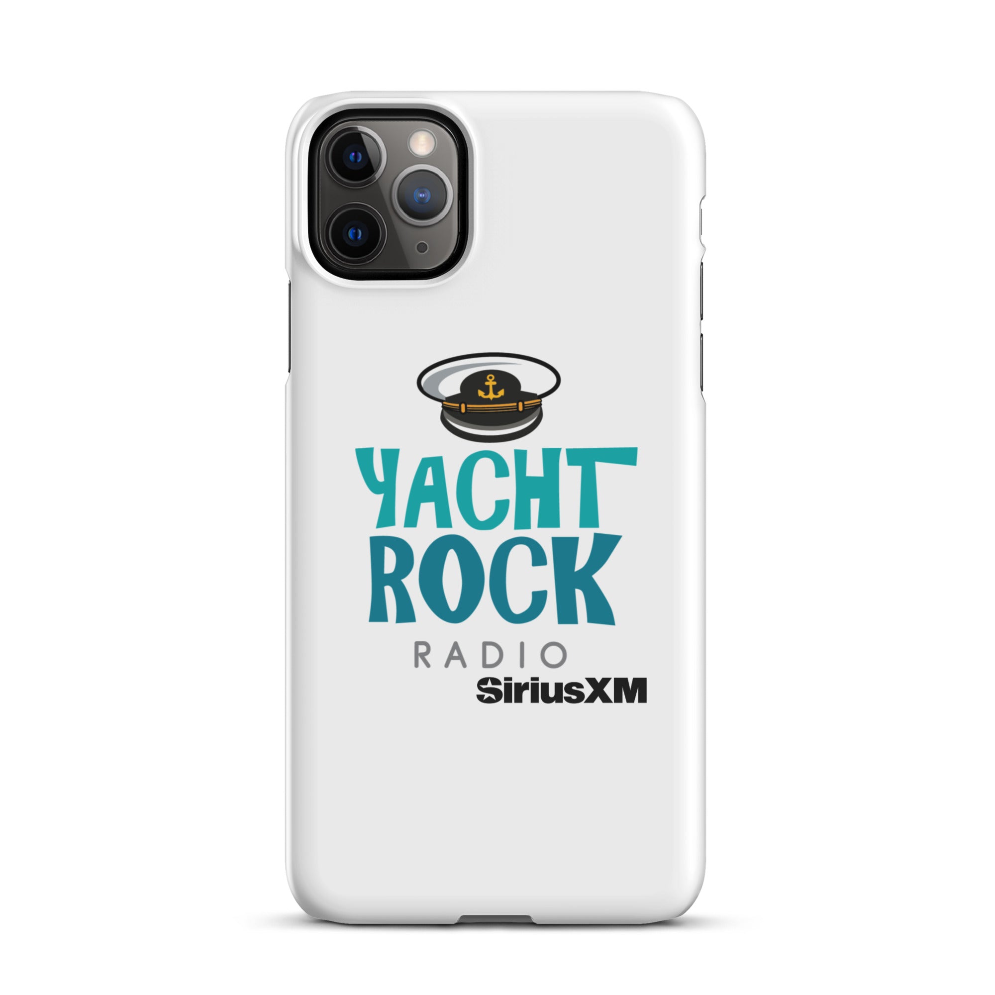 White phone case featuring 'Yacht Rock Radio' logo with a captain's hat and 'SiriusXM' branding.