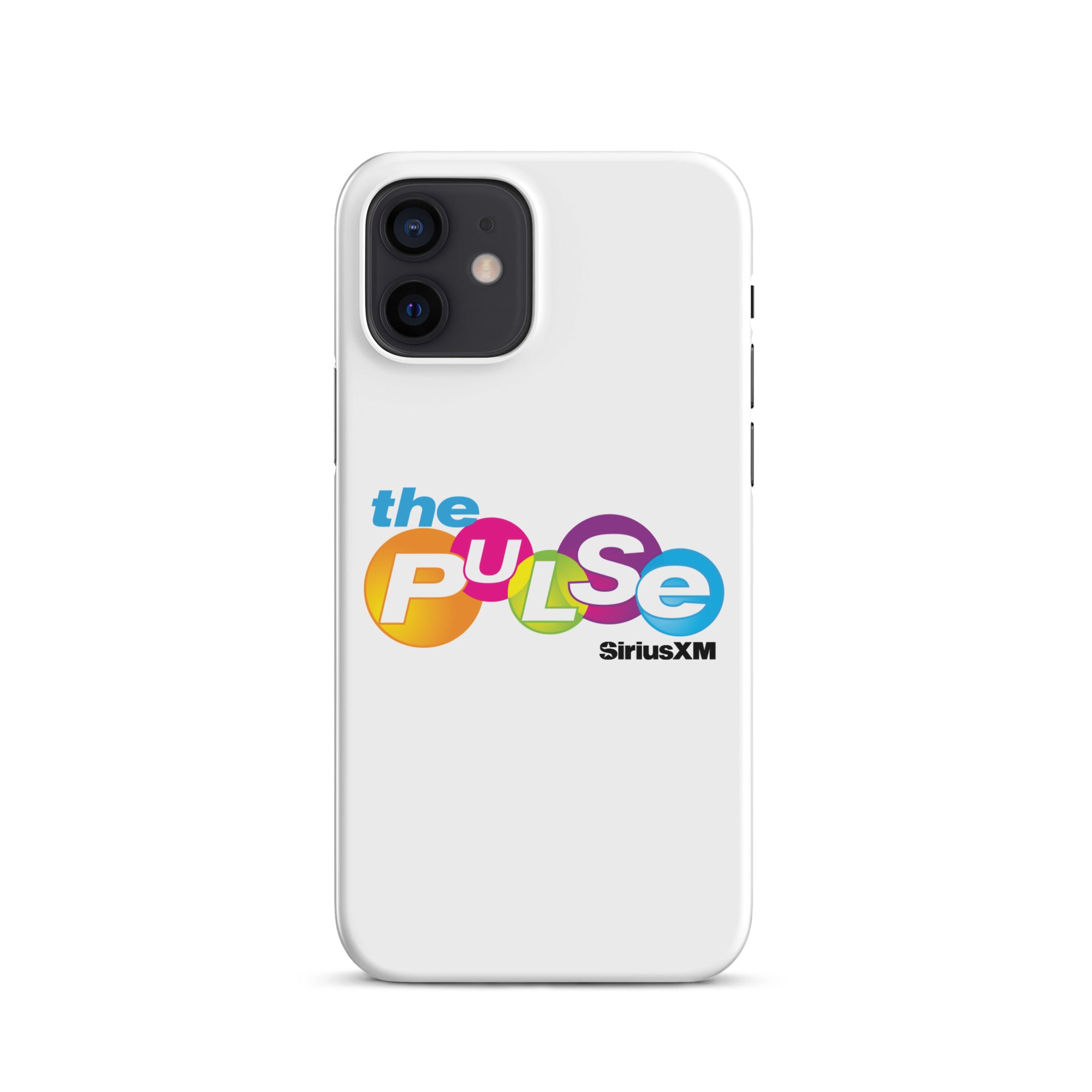 A white phone case featuring 'the PULSE' logo with vibrant colors and 'SiriusXM' branding.