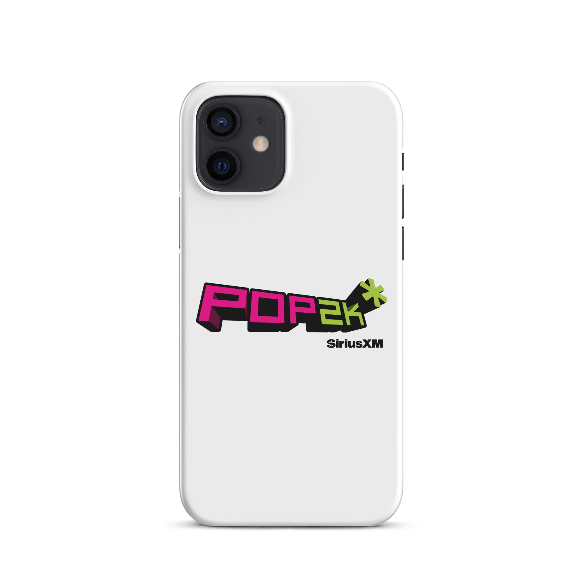 White phone case featuring the 'POP2K' logo in vibrant pink and green colors with 'SiriusXM' branding.