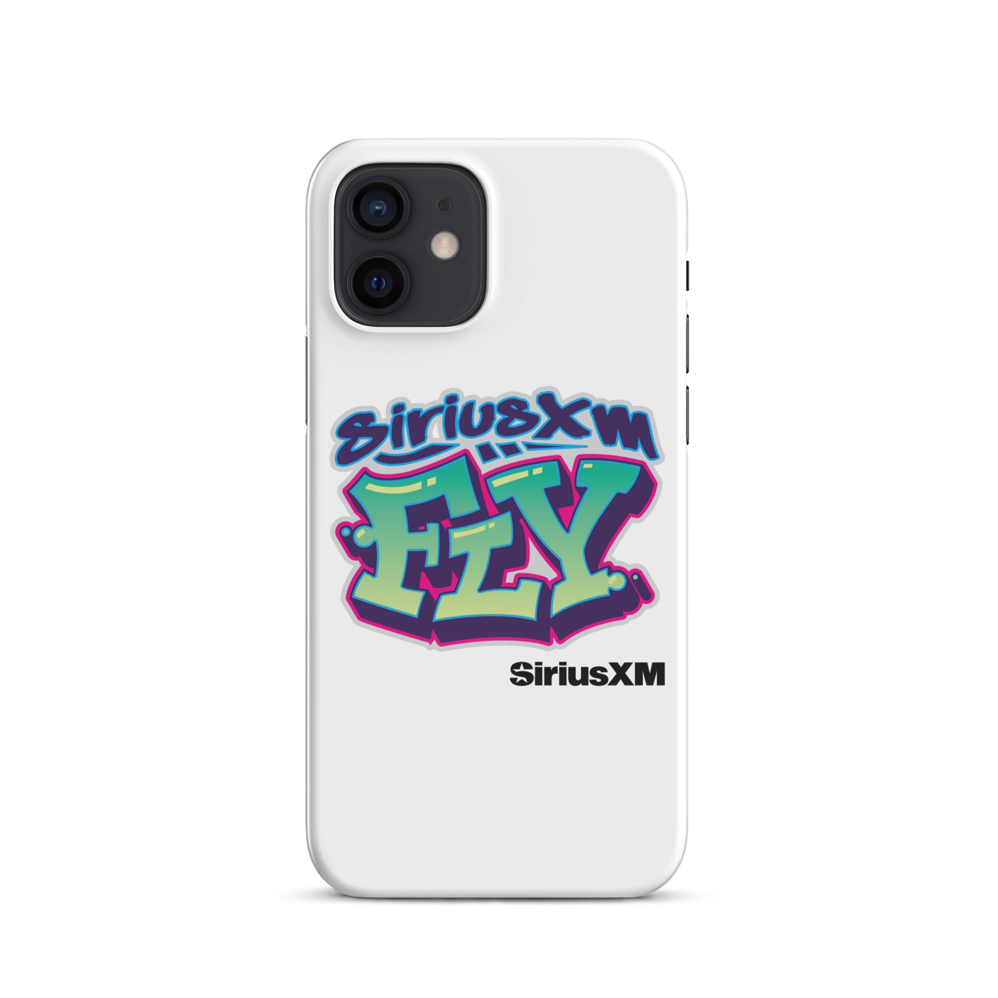 White phone case featuring colorful graffiti-style text: 'SiriusXM FLY' with 'SiriusXM' branding below.