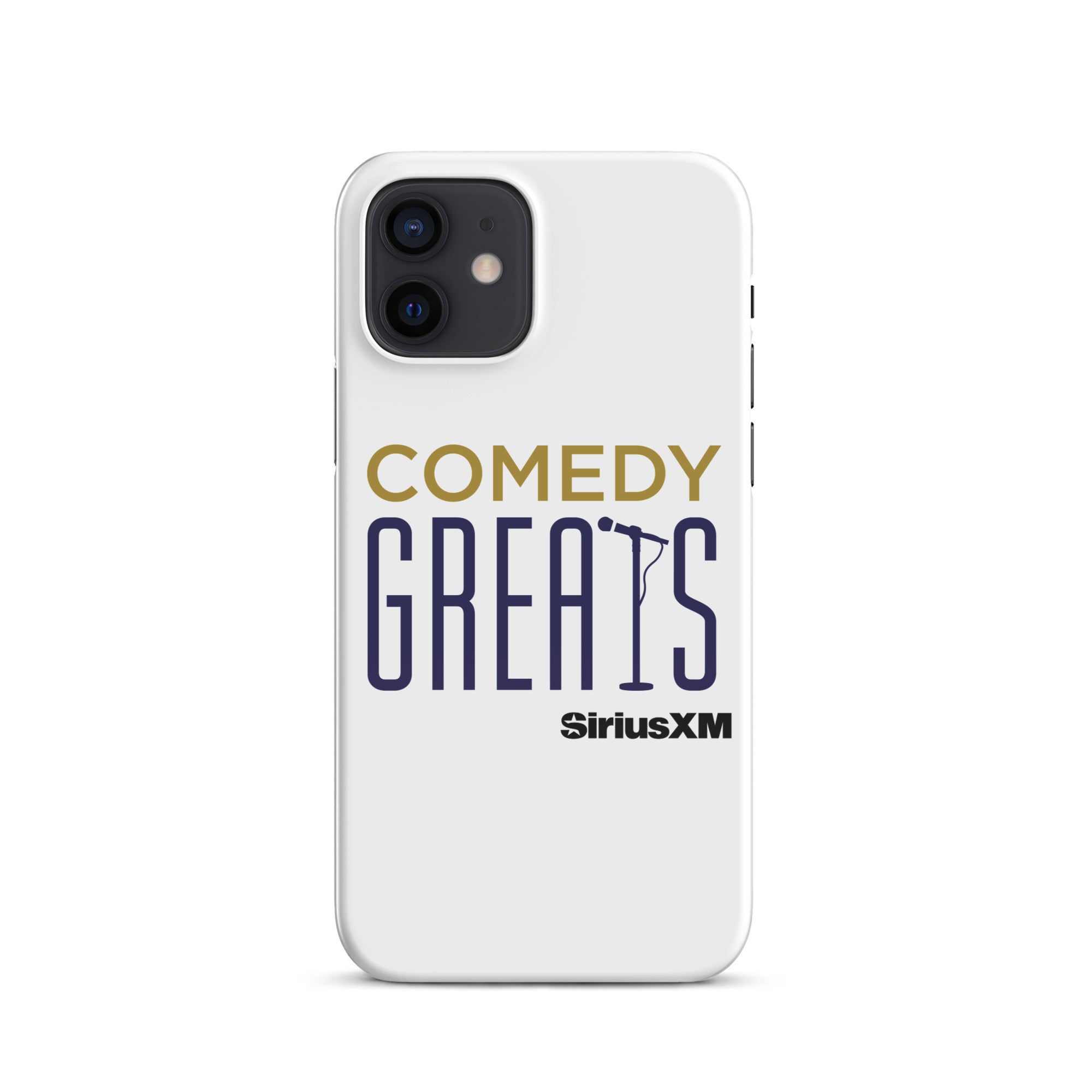 White phone case featuring the text 'COMEDY GREATS' and the 'SiriusXM' logo.