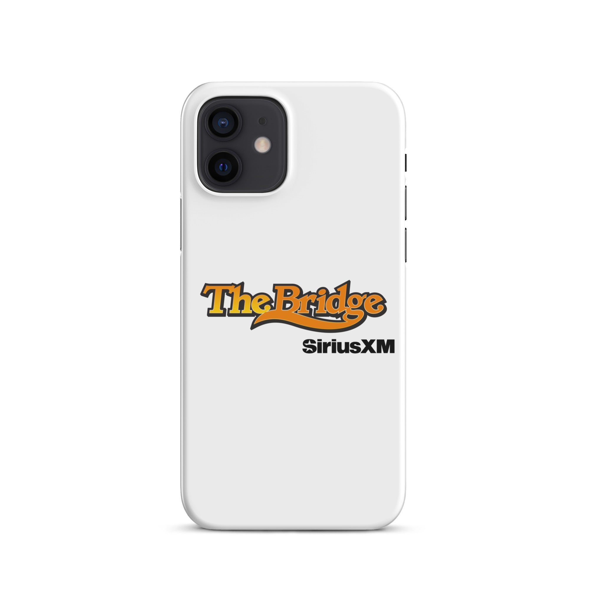 White phone case featuring the logos for 'The Bridge' and 'SiriusXM.'