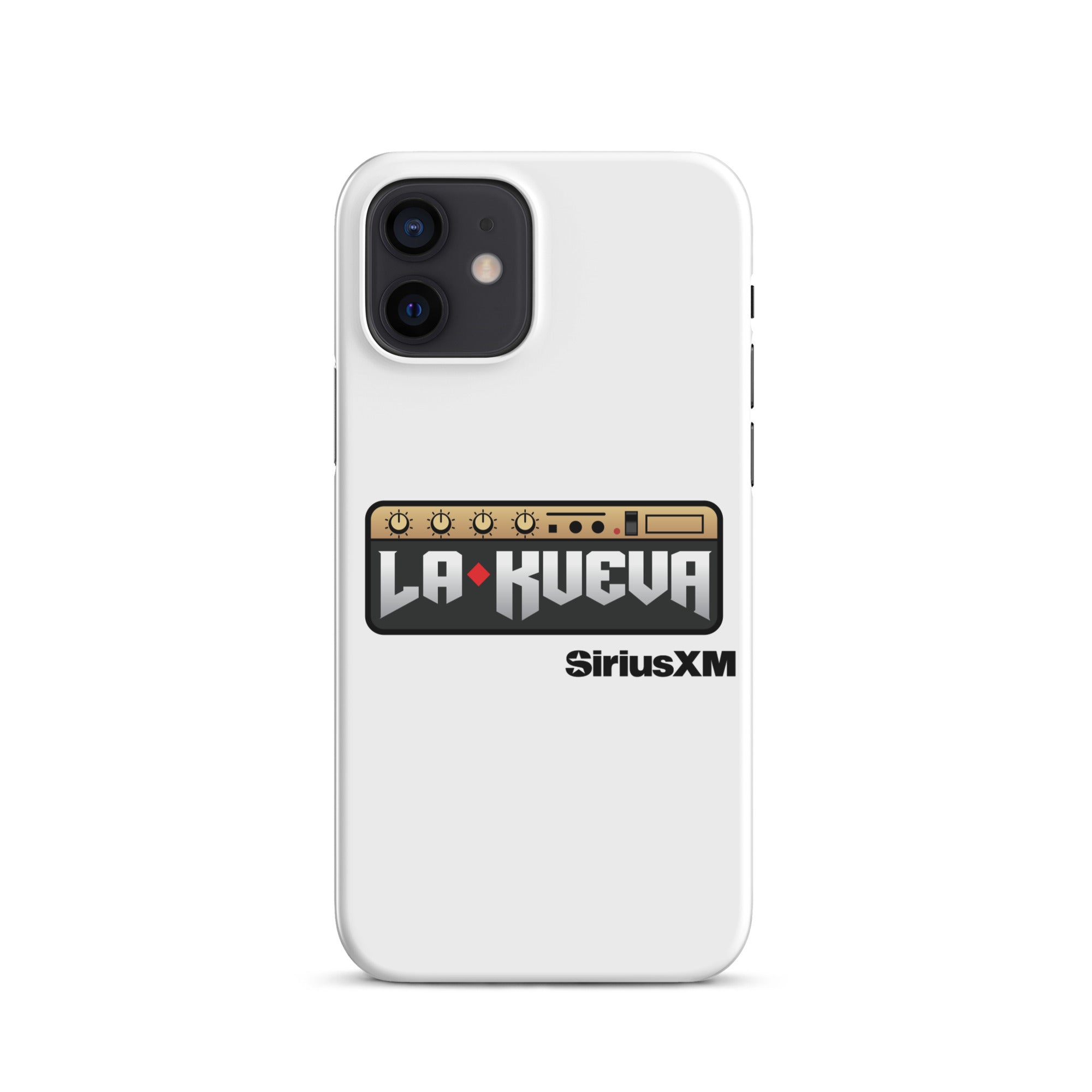 White phone case featuring 'LA KUEVA' and 'SiriusXM' logo with a graphic design resembling a sound mixer.