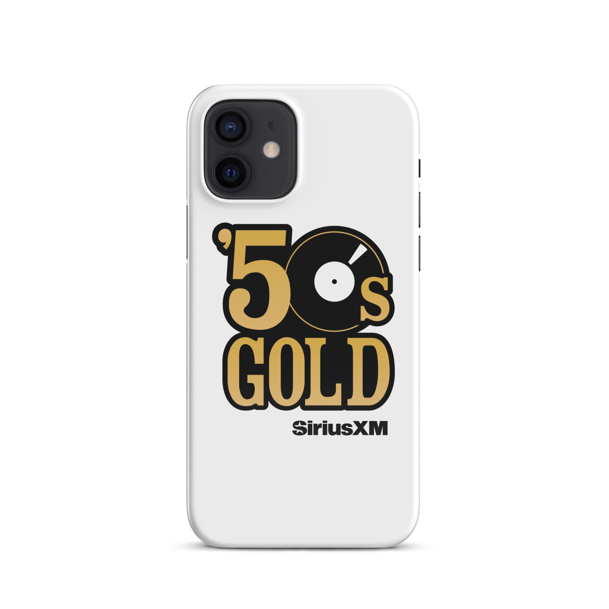 White phone case featuring '50s GOLD' logo with a record icon and 'SiriusXM' branding.