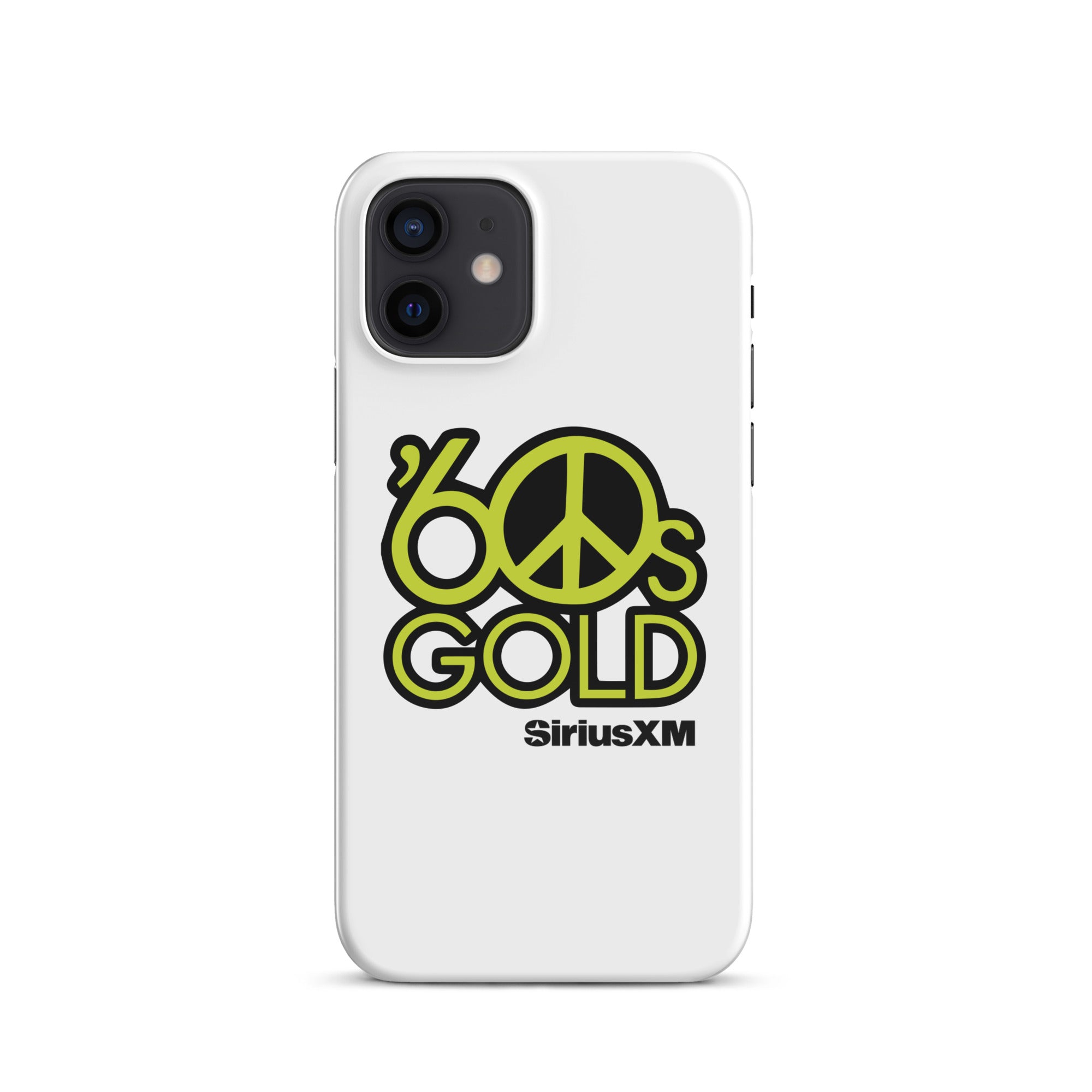 White phone case featuring '60s Gold' logo and peace sign in green, with 'SiriusXM' branding.