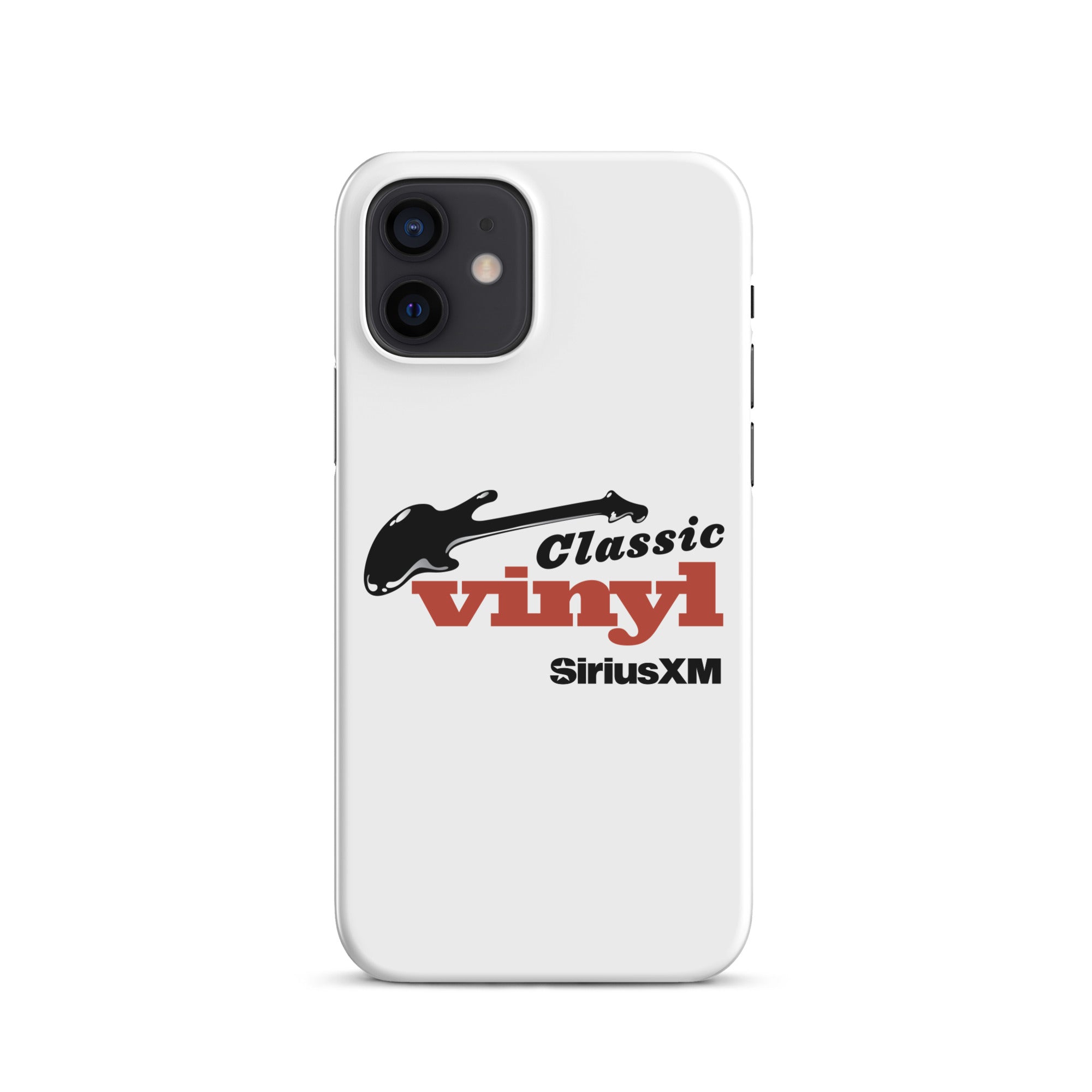 White phone case featuring 'Classic Vinyl' logo and guitar design with 'SiriusXM' branding.