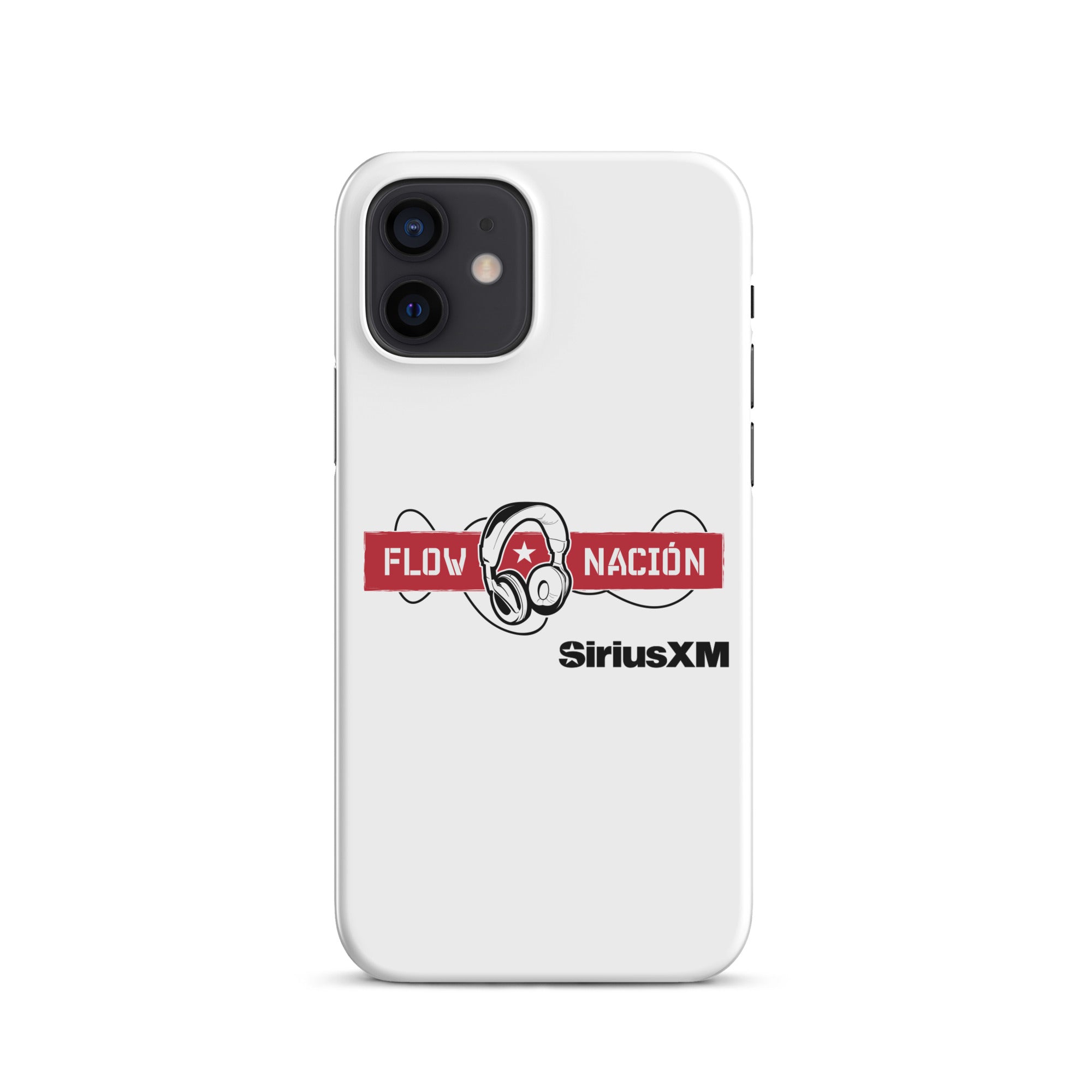 White phone case featuring 'FLOW NACION' with headphones logo and 'SiriusXM' branding.