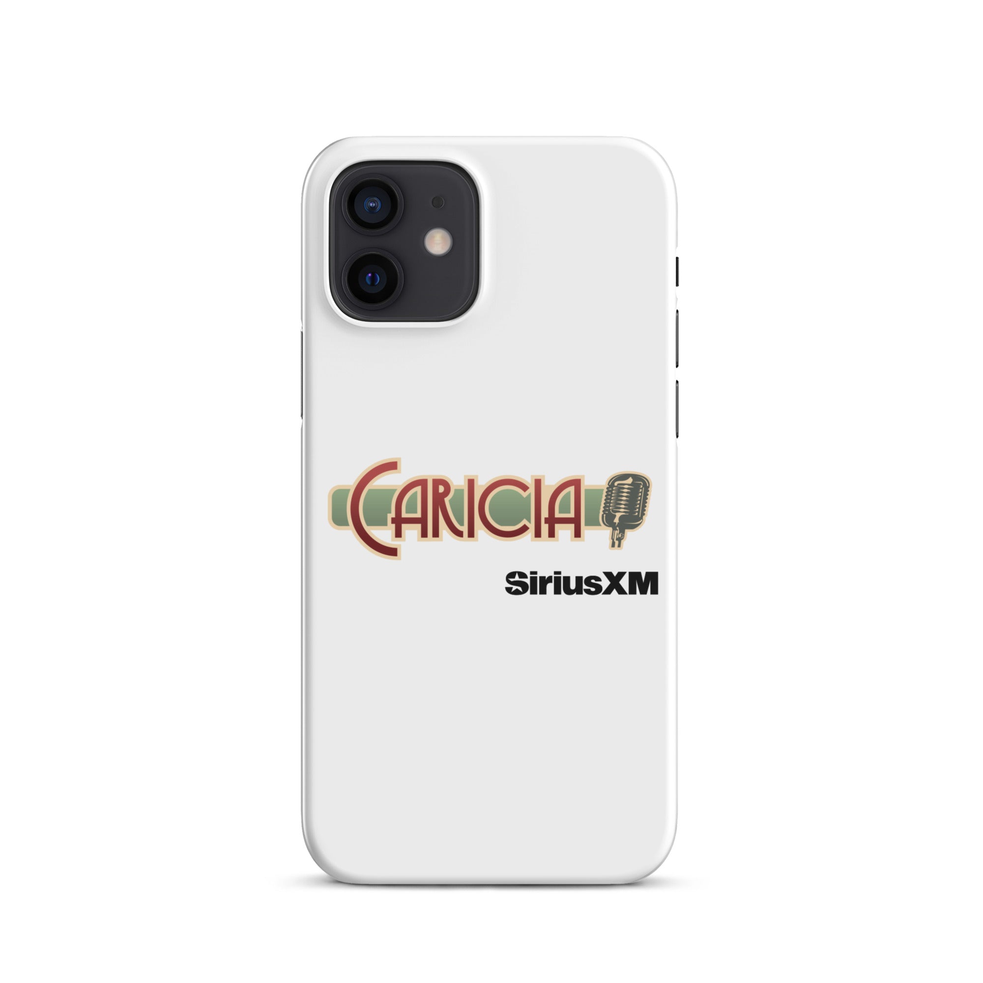 White phone case with a logo of 'Caricia' with a microphone icon and 'SiriusXM' branding.