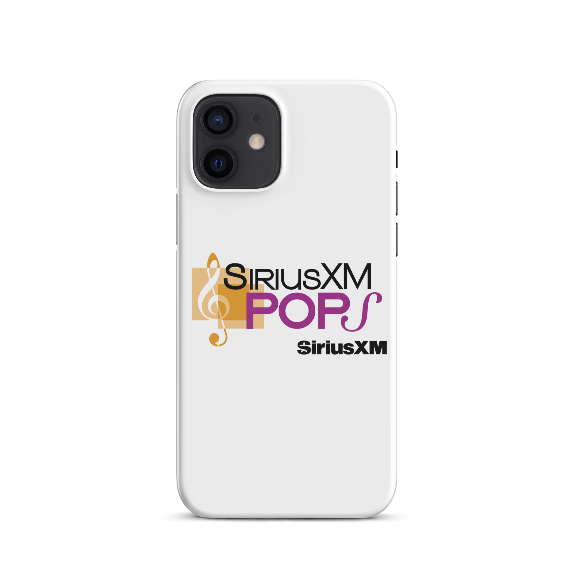 A white phone case featuring the 'SiriusXM POPS' logo in purple with a gold musical note design and 'SiriusXM' branding.