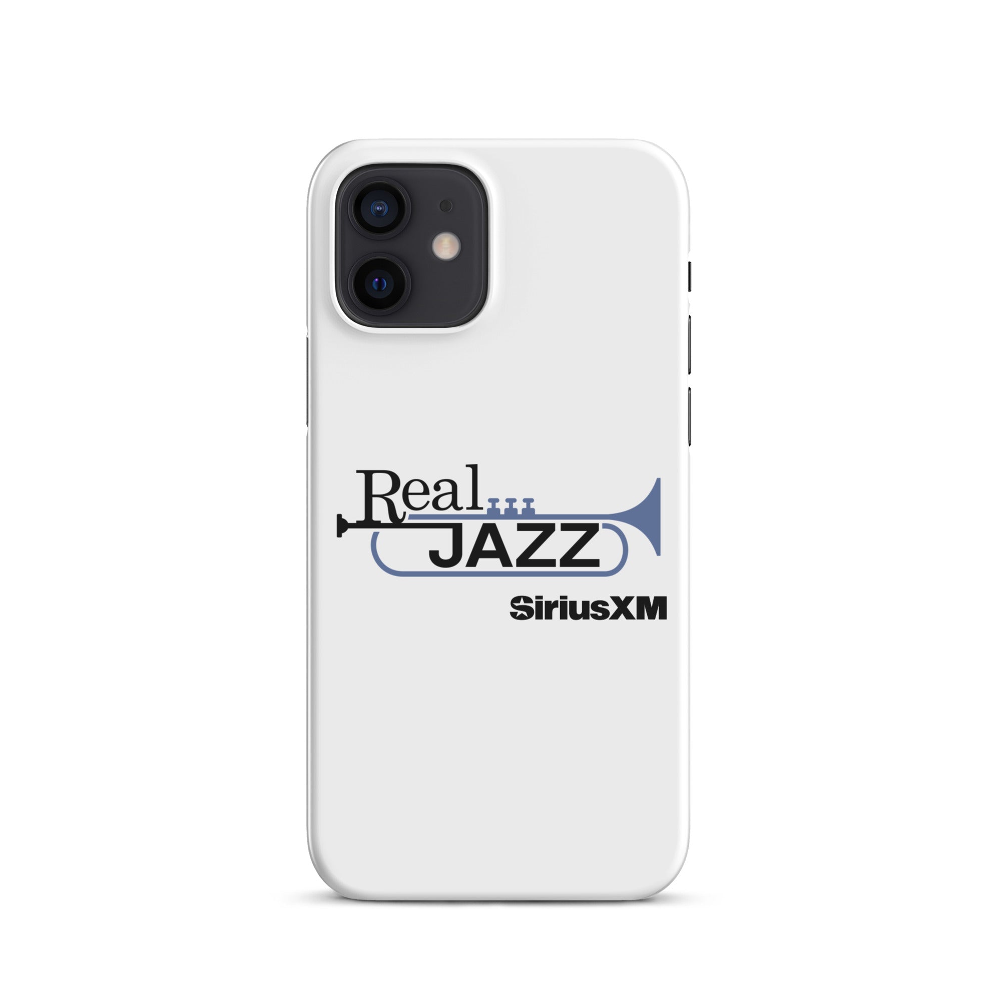 White phone case with 'Real Jazz' text and trumpet logo, featuring 'SiriusXM' branding.