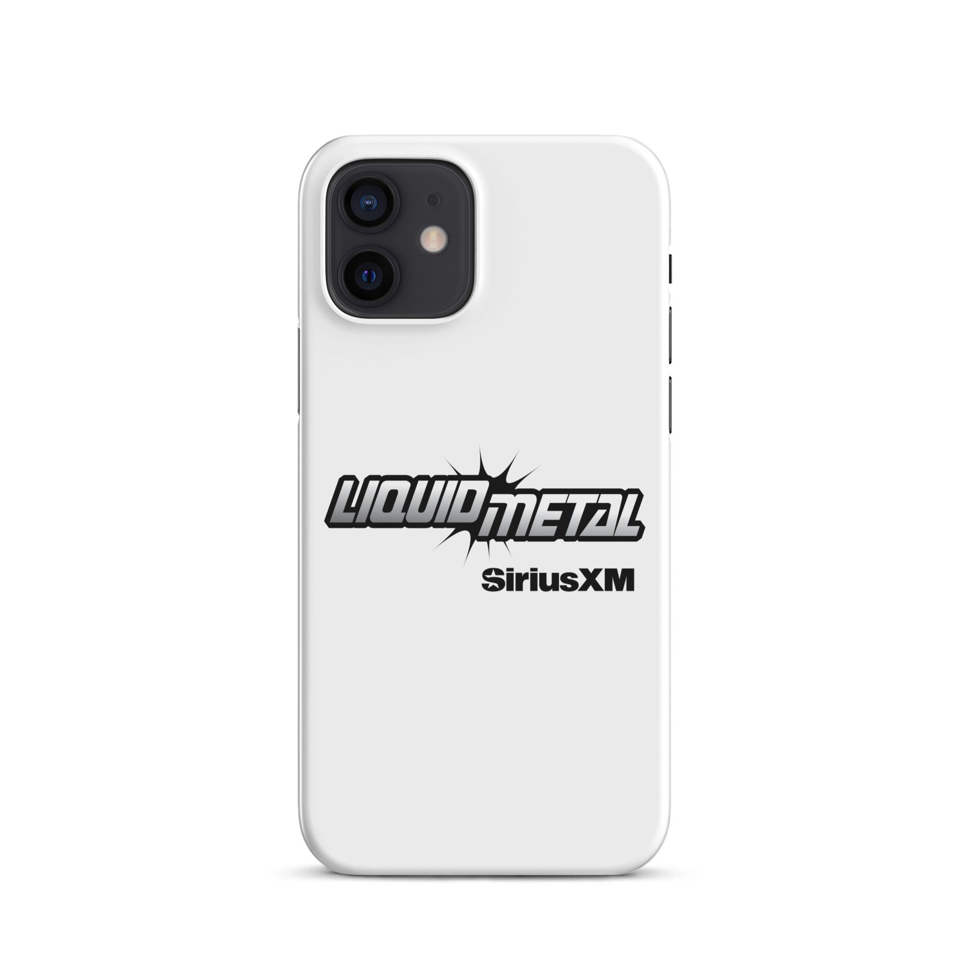 White phone case featuring the 'LIQUID METAL' logo with 'SiriusXM' underneath in a bold design.